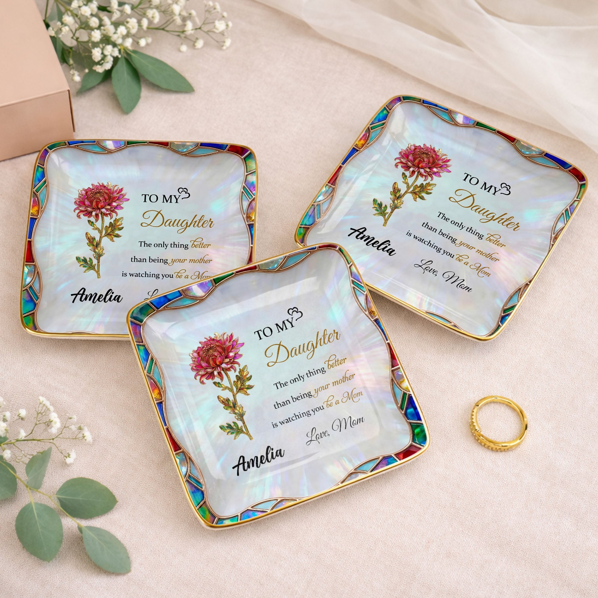 To My Daughter The Only Thing Better Birth Month Flower Stained Glass - Personalized Custom Jewelry Dish, Ceramic Dish, Square Shape - DAU384_SCRF