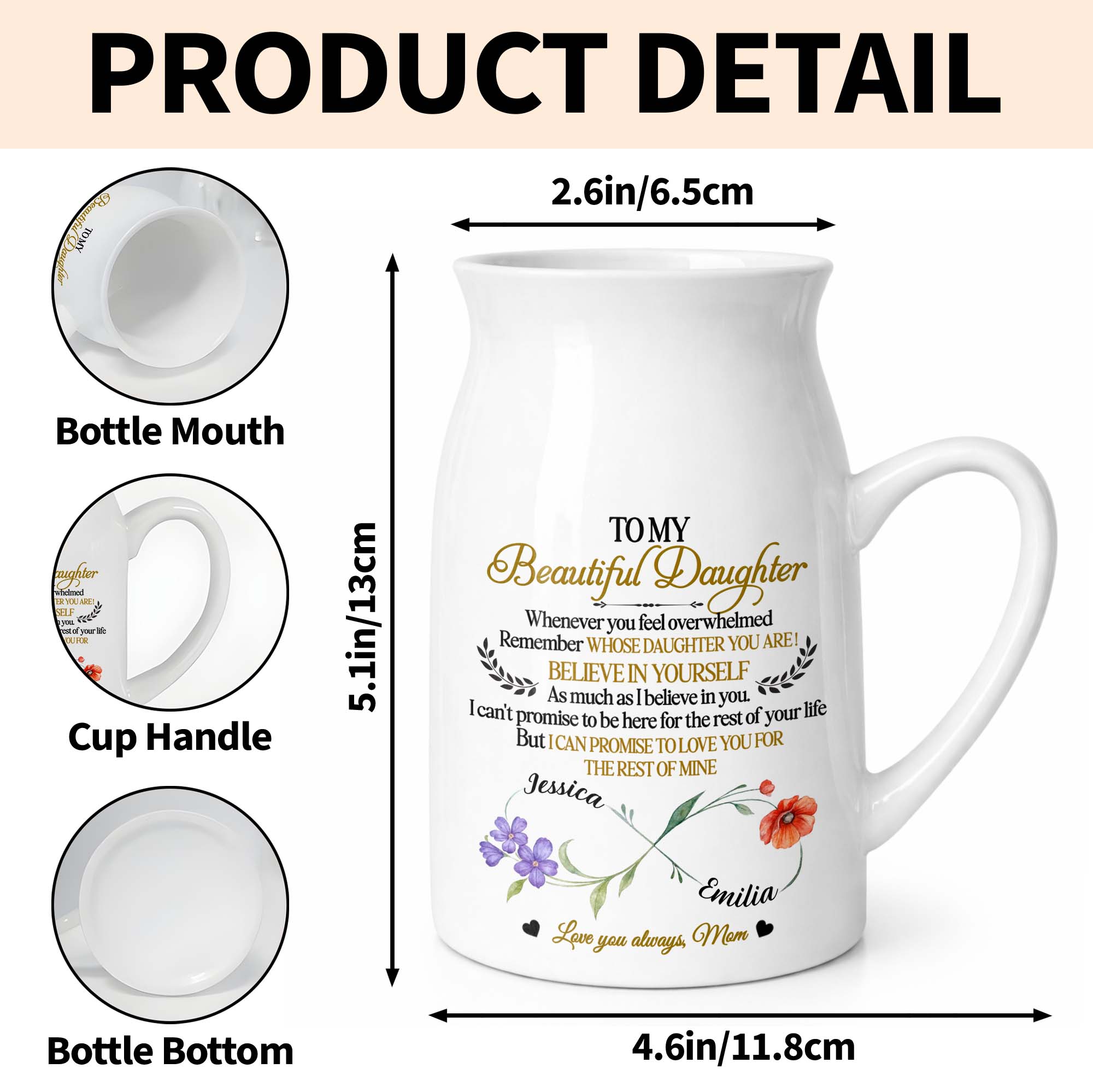 To My Beautiful Daughter Believe In Yourself Birth Month Flowers - Personalized Ceramic Flower Vase
