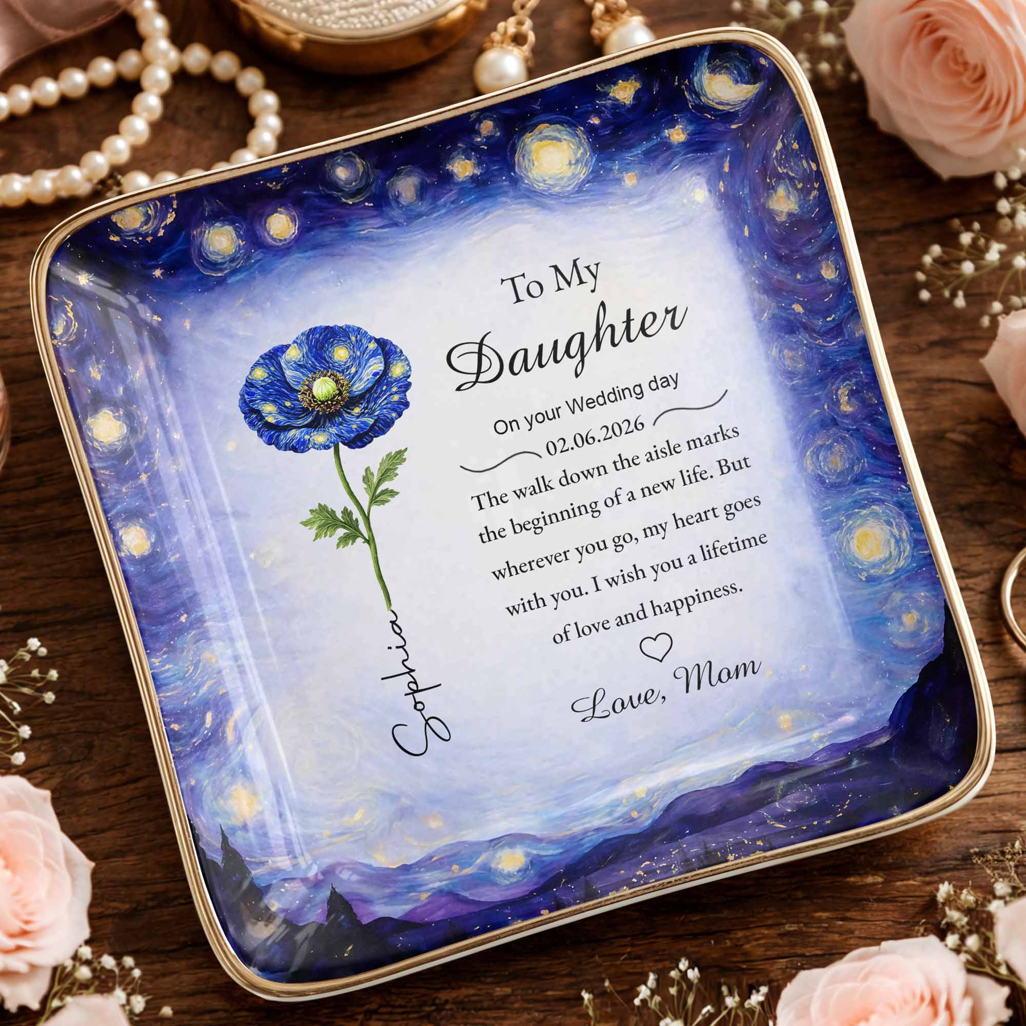 To My Daughter On Your Wedding Day Blue Flower Starry Night - Personalized Custom Jewelry Dish, Ceramic Dish, Square Shape - DAU392_SCRF