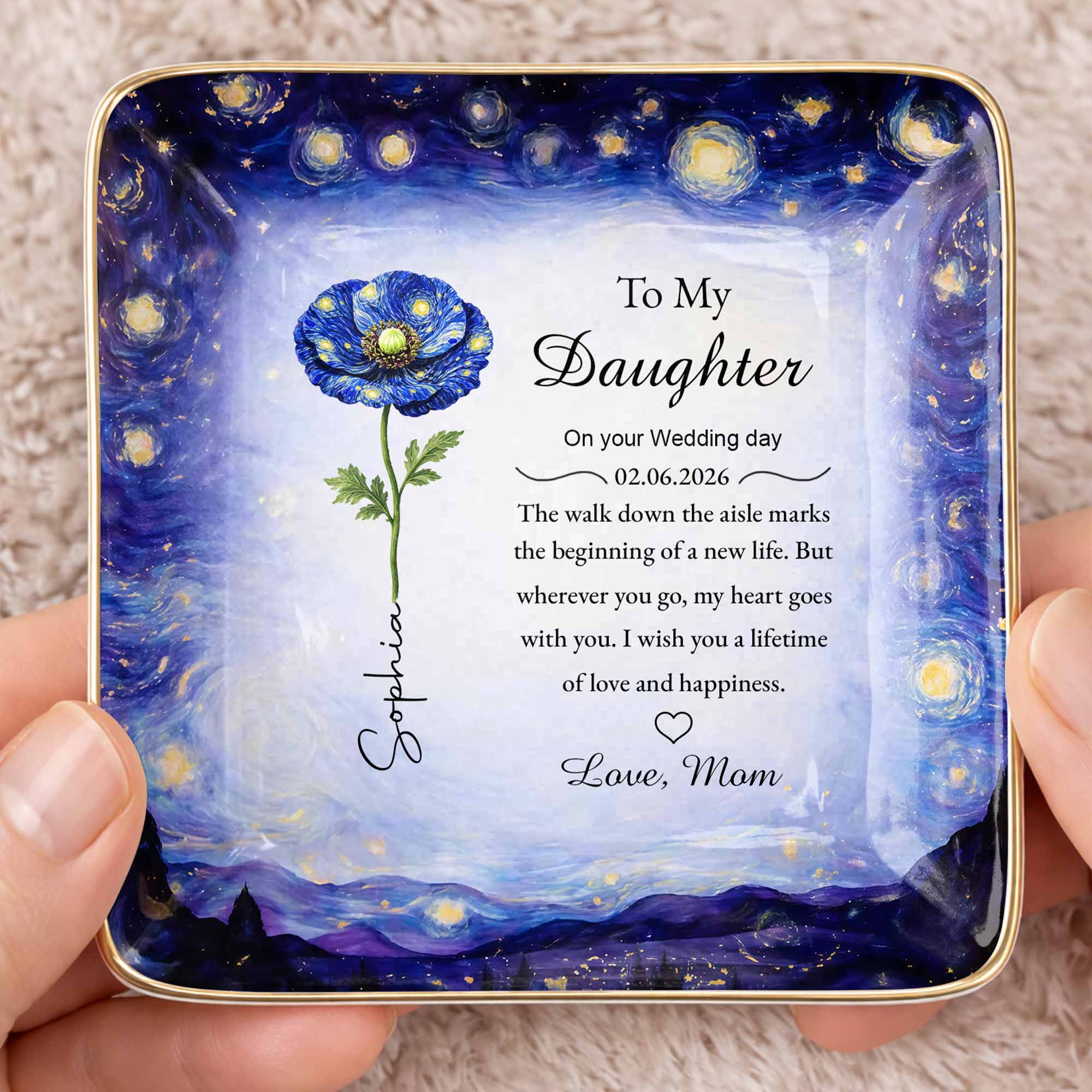 To My Daughter On Your Wedding Day Blue Flower Starry Night - Personalized Custom Jewelry Dish, Ceramic Dish, Square Shape - DAU392_SCRF