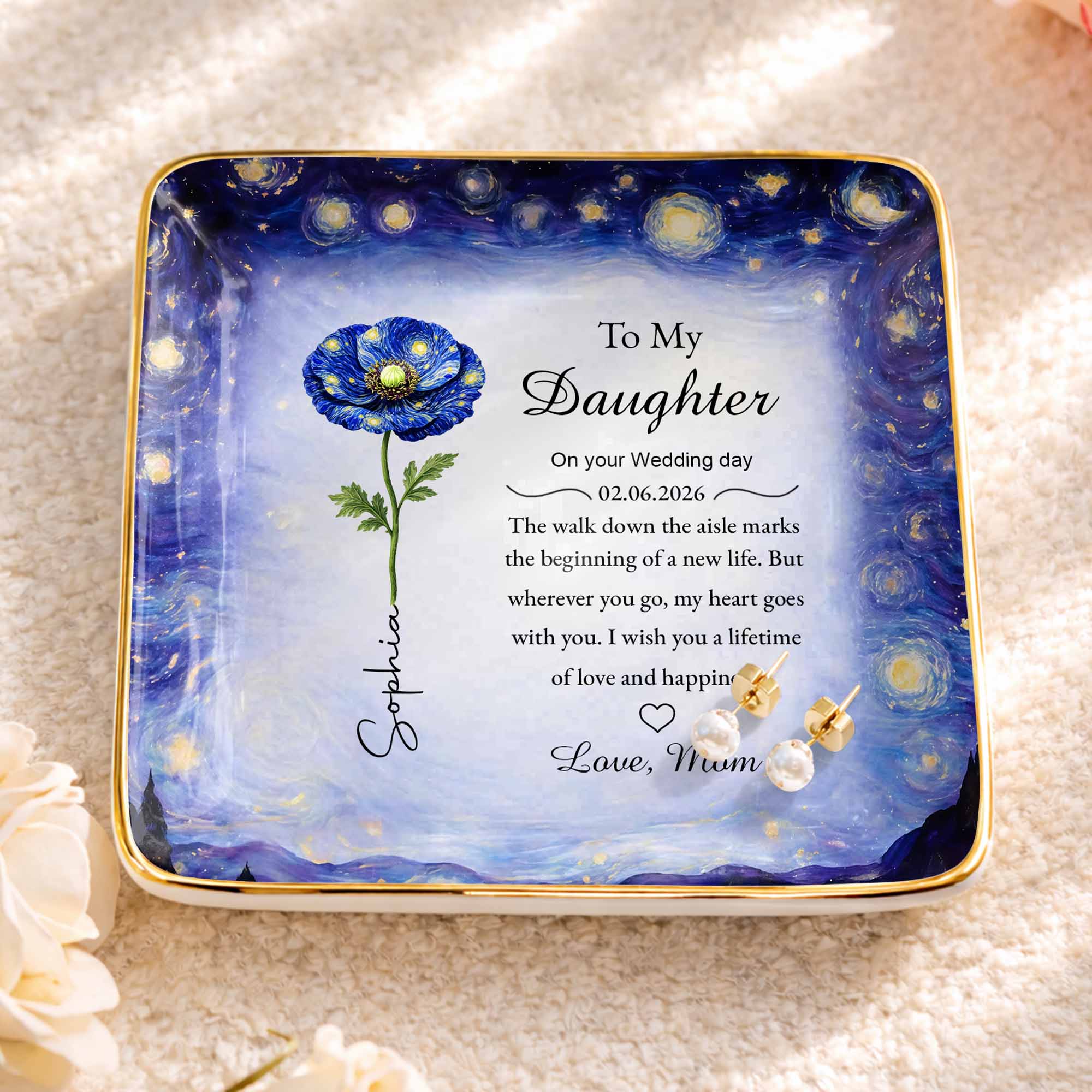 To My Daughter On Your Wedding Day Blue Flower Starry Night - Personalized Custom Jewelry Dish, Ceramic Dish, Square Shape - DAU392_SCRF