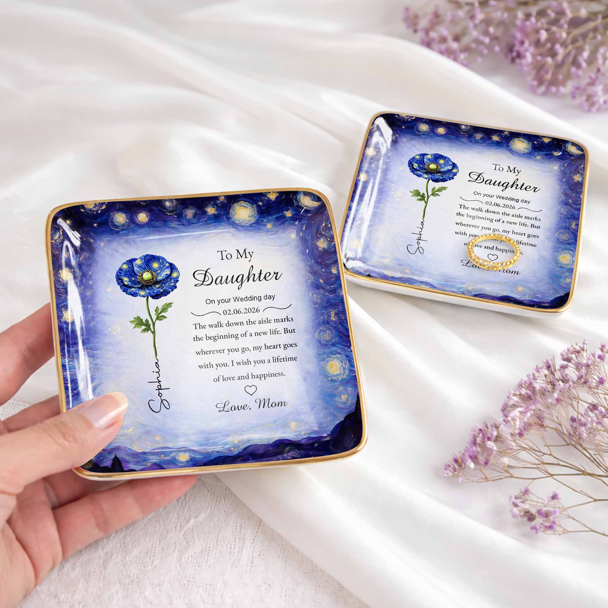 To My Daughter On Your Wedding Day Blue Flower Starry Night - Personalized Custom Jewelry Dish, Ceramic Dish, Square Shape - DAU392_SCRF