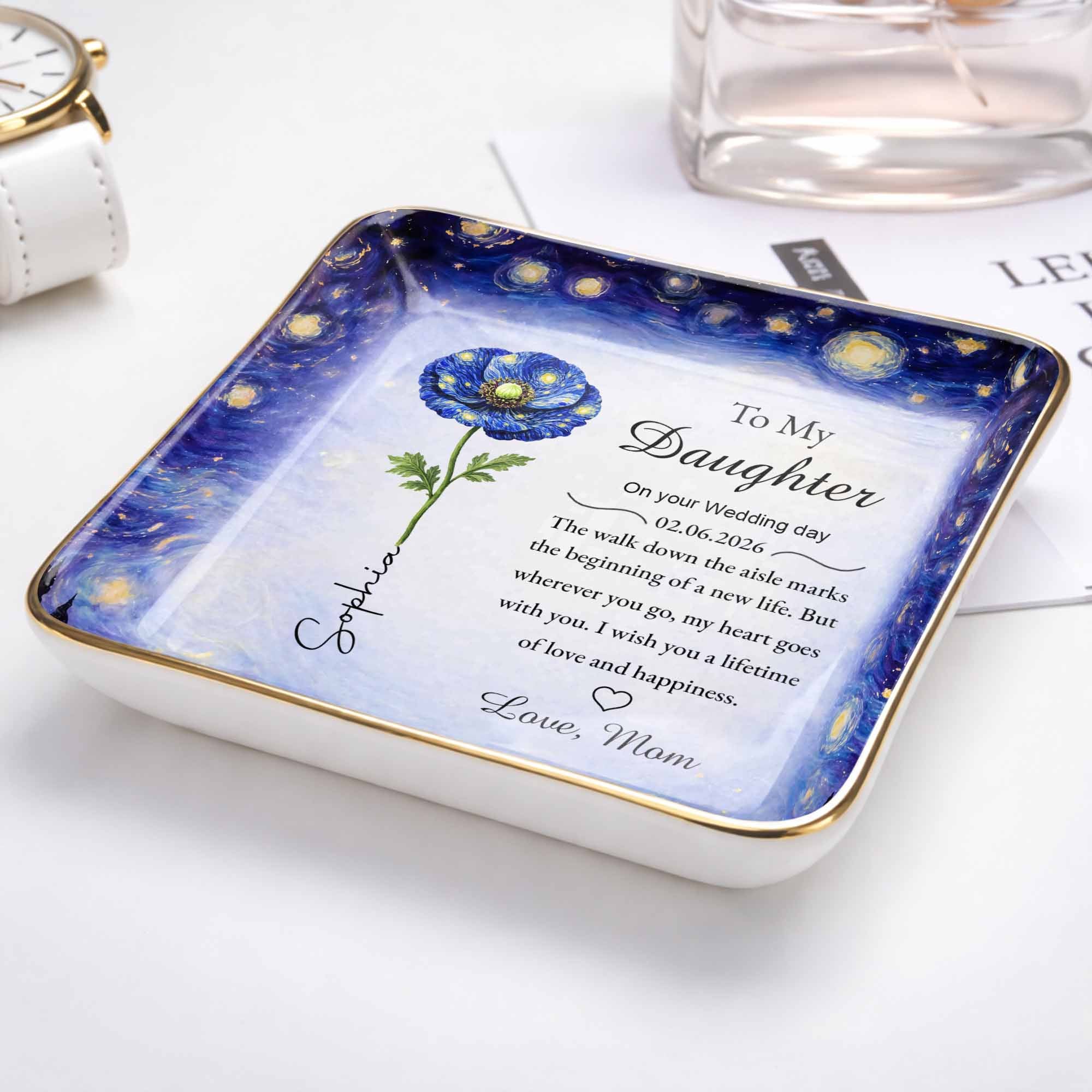 To My Daughter On Your Wedding Day Blue Flower Starry Night - Personalized Custom Jewelry Dish, Ceramic Dish, Square Shape - DAU392_SCRF