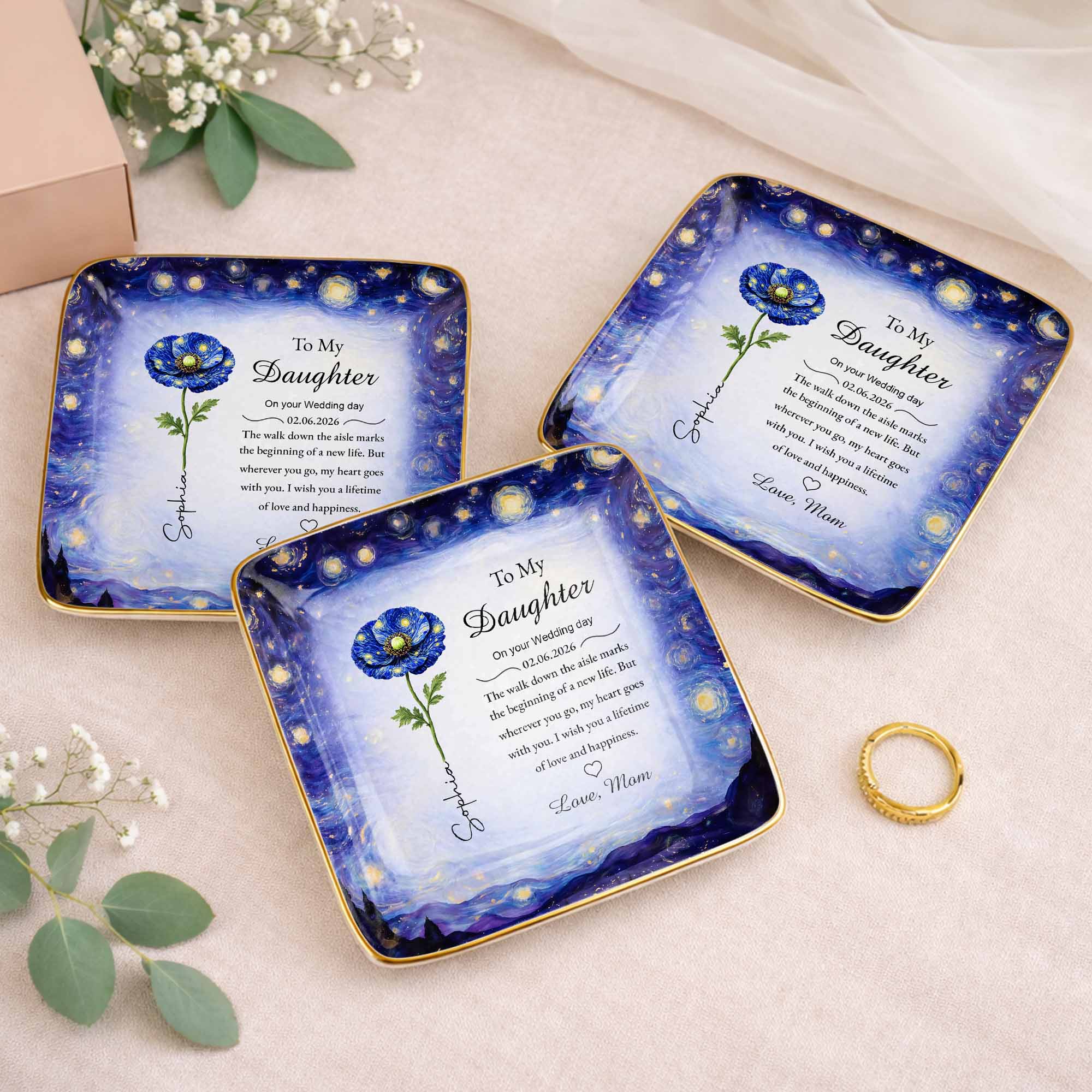 To My Daughter On Your Wedding Day Blue Flower Starry Night - Personalized Custom Jewelry Dish, Ceramic Dish, Square Shape - DAU392_SCRF