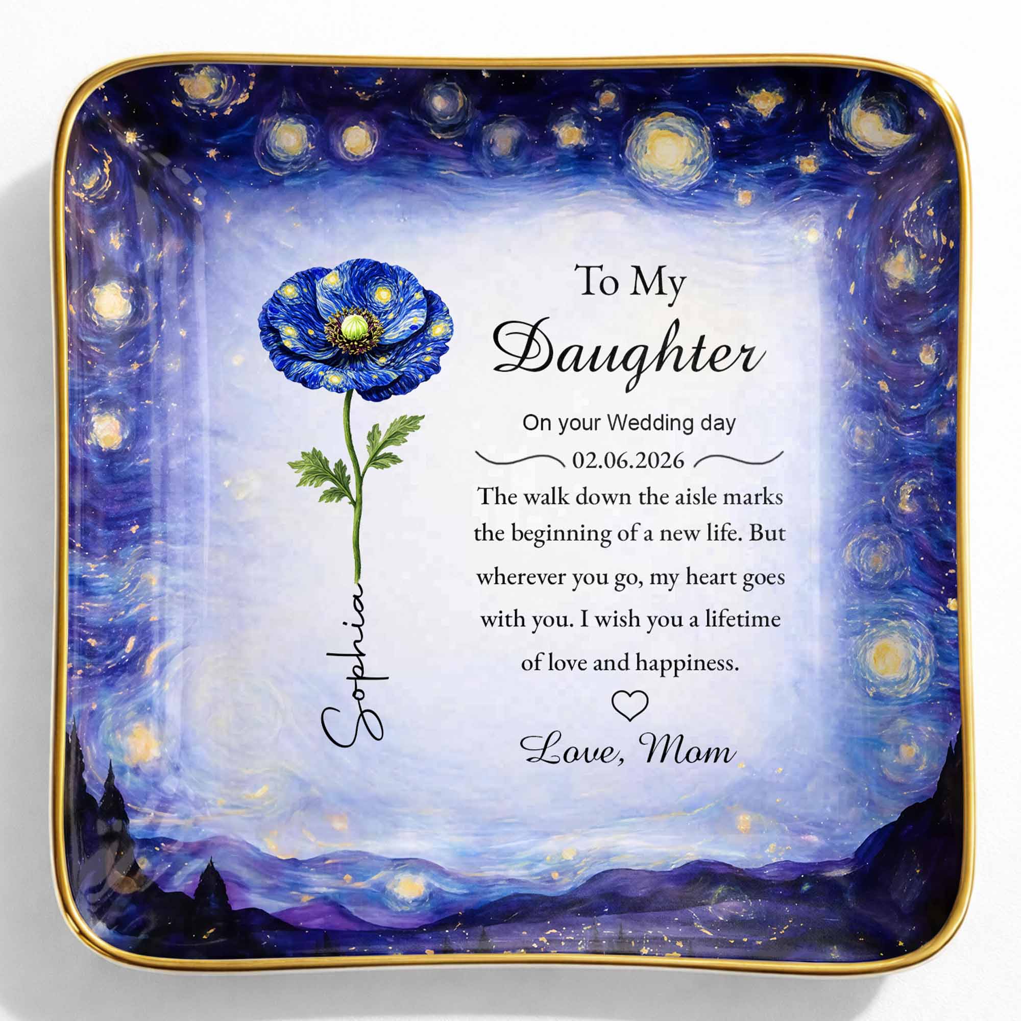 To My Daughter On Your Wedding Day Blue Flower Starry Night - Personalized Custom Jewelry Dish, Ceramic Dish, Square Shape - DAU392_SCRF