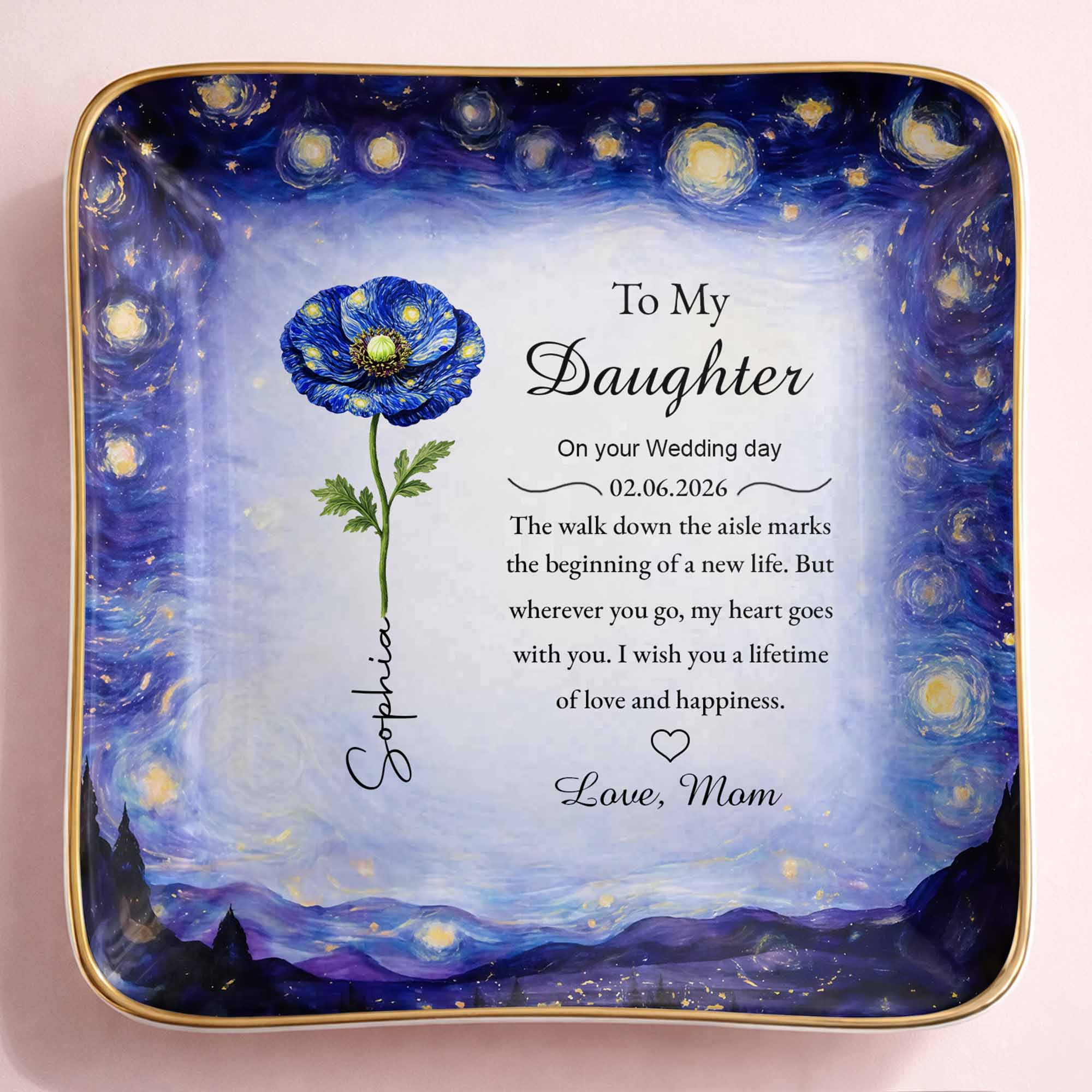 To My Daughter On Your Wedding Day Blue Flower Starry Night - Personalized Custom Jewelry Dish, Ceramic Dish, Square Shape - DAU392_SCRF