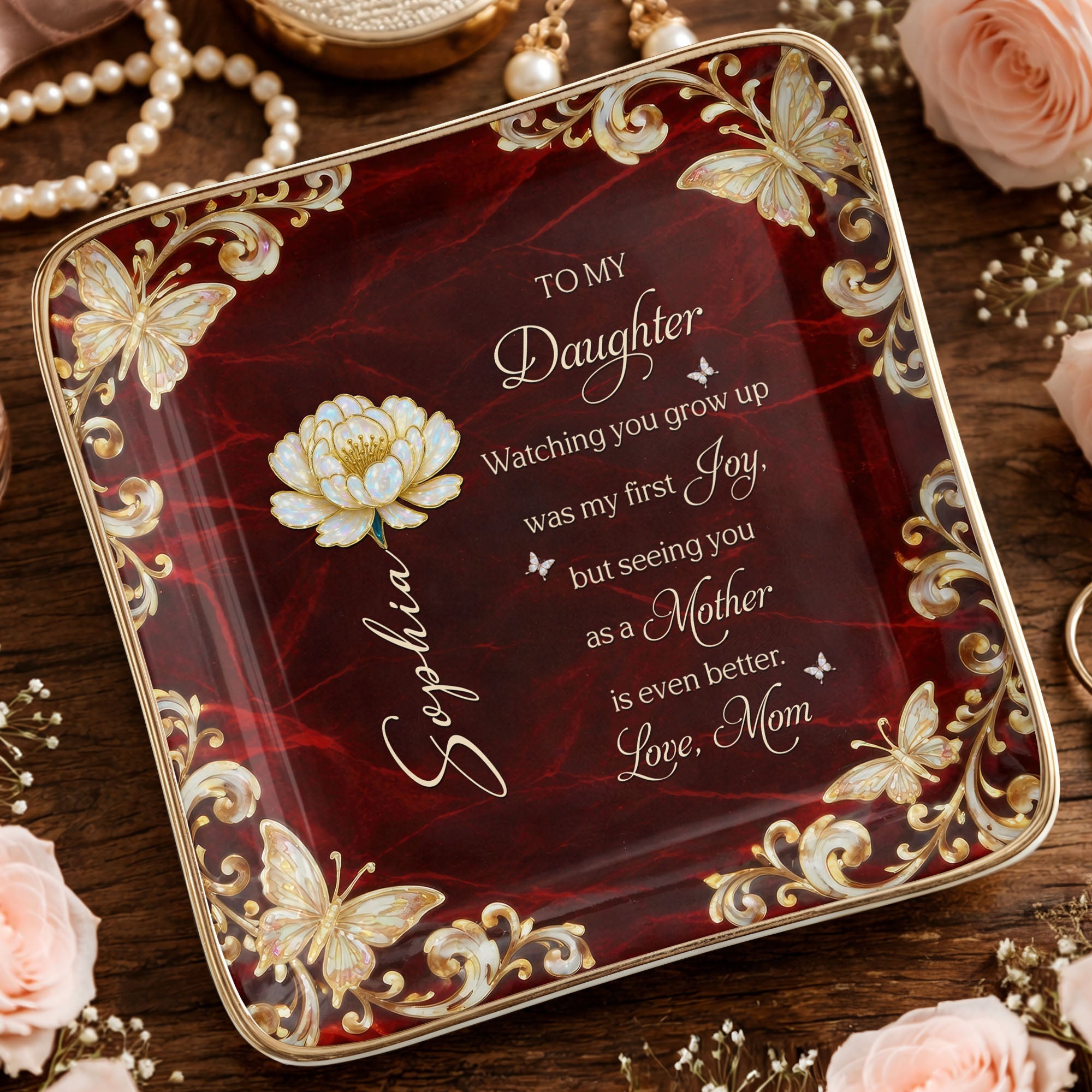 To My Daughter Watching You Grow Up Flower And Butterfly - Personalized Custom Jewelry Dish, Ceramic Dish, Square Shape - DAU401_SCRF