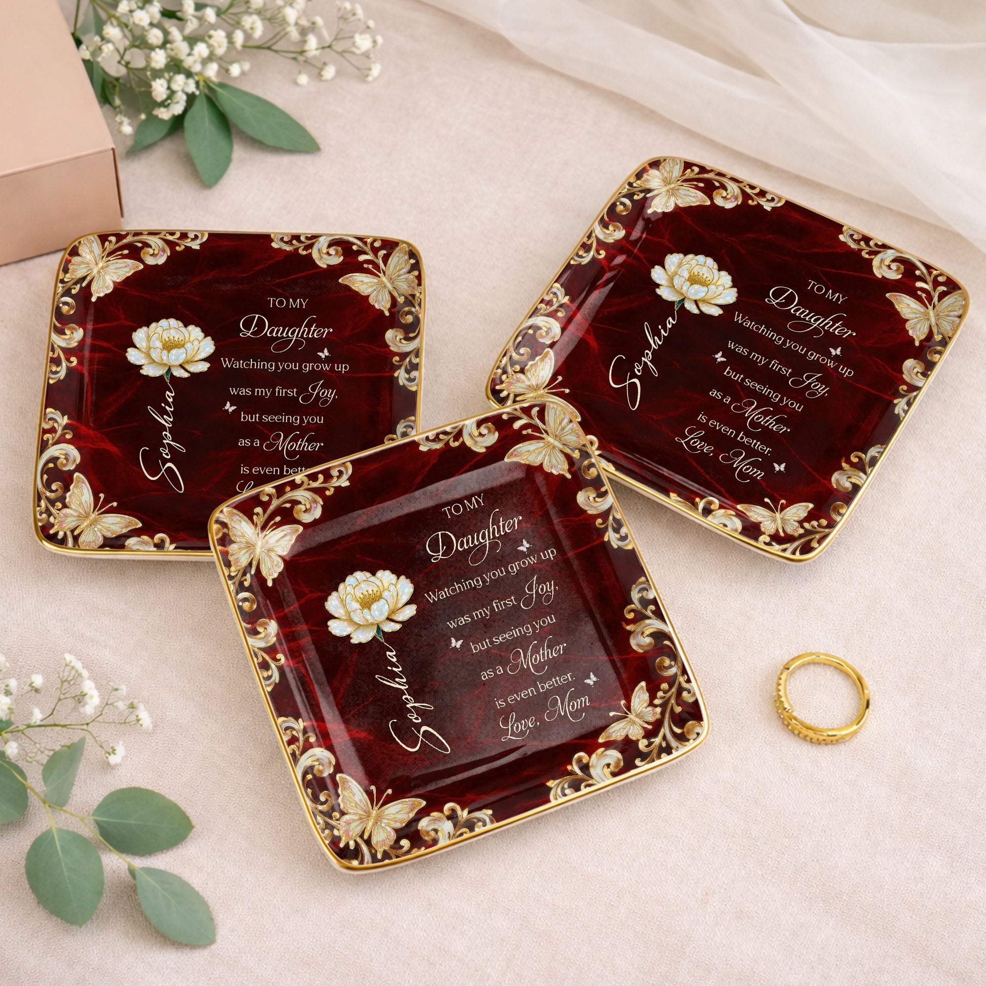 To My Daughter Watching You Grow Up Flower And Butterfly - Personalized Custom Jewelry Dish, Ceramic Dish, Square Shape - DAU401_SCRF