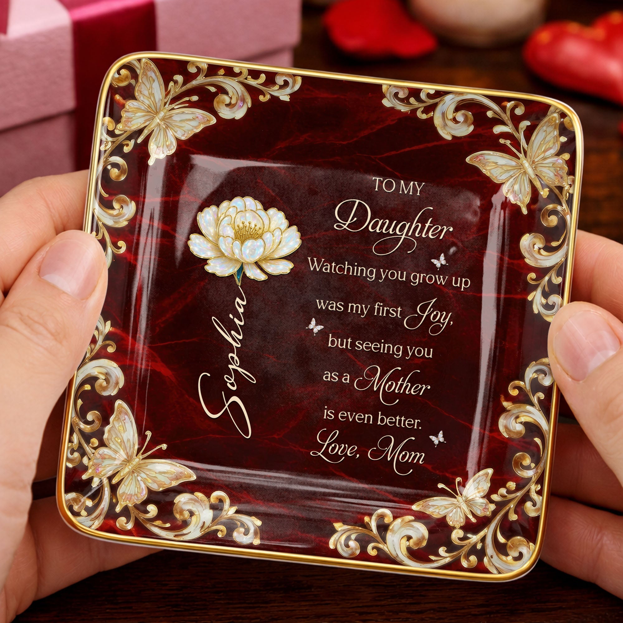 To My Daughter Watching You Grow Up Flower And Butterfly - Personalized Custom Jewelry Dish, Ceramic Dish, Square Shape - DAU401_SCRF