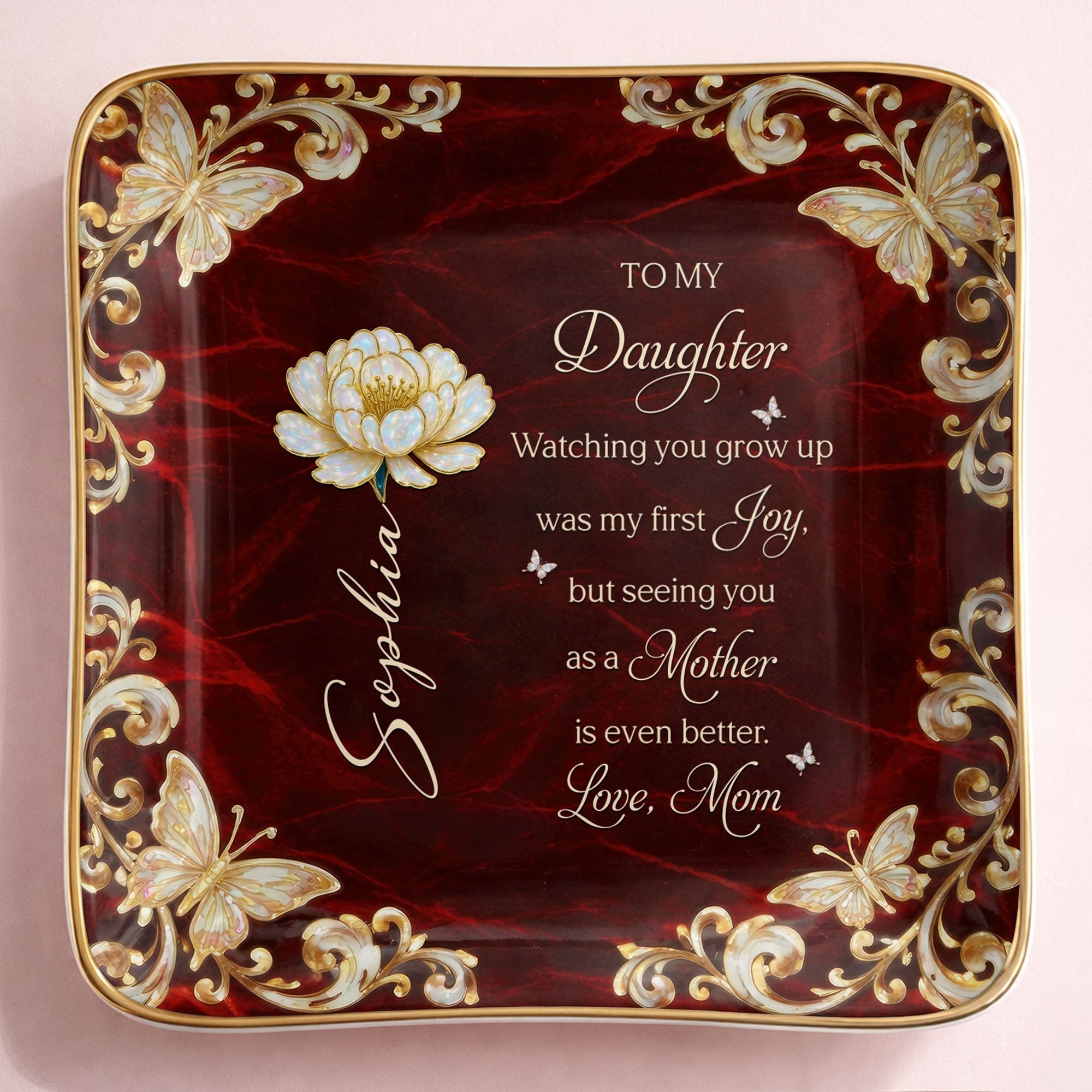To My Daughter Watching You Grow Up Flower And Butterfly - Personalized Custom Jewelry Dish, Ceramic Dish, Square Shape - DAU401_SCRF