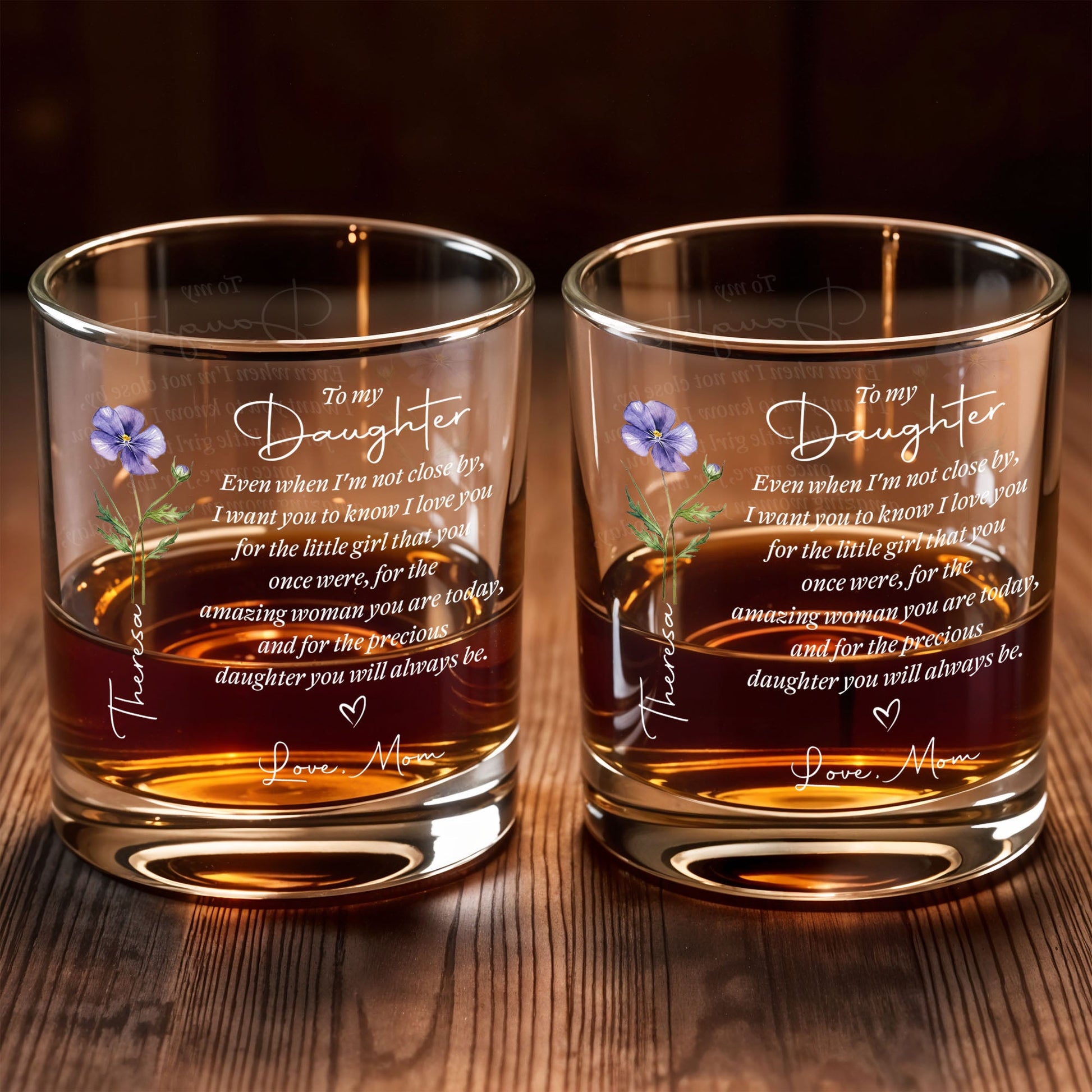 To My Daughter Even When I Am Not Close By Flower Heart - Personalized Custom Whiskey Glass - DAU403_RWG