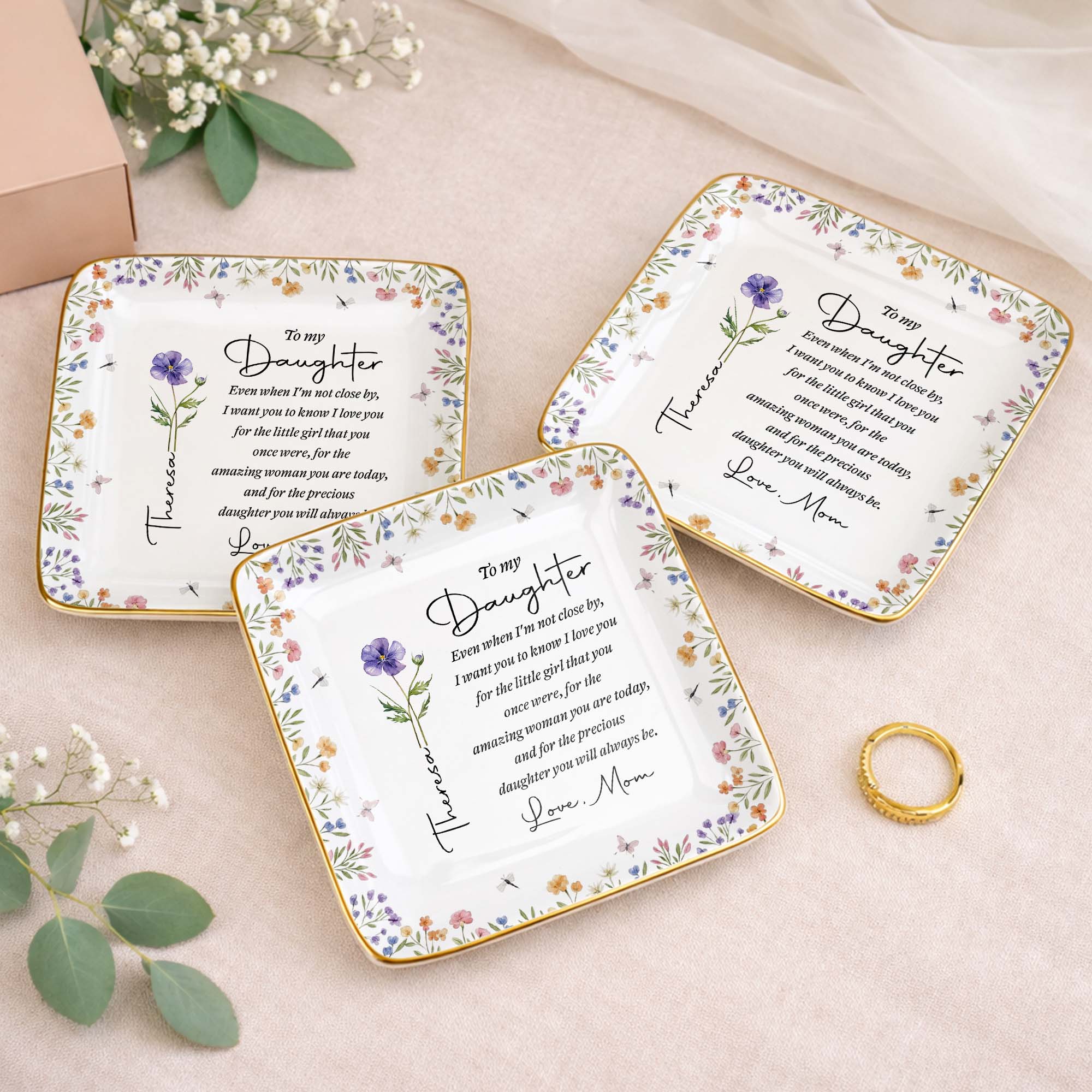 To My Daughter Even When I Am Not Close By Birth Month Flower - Personalized Custom Jewelry Dish, Ceramic Dish, Square Shape - DAU403_SCRF