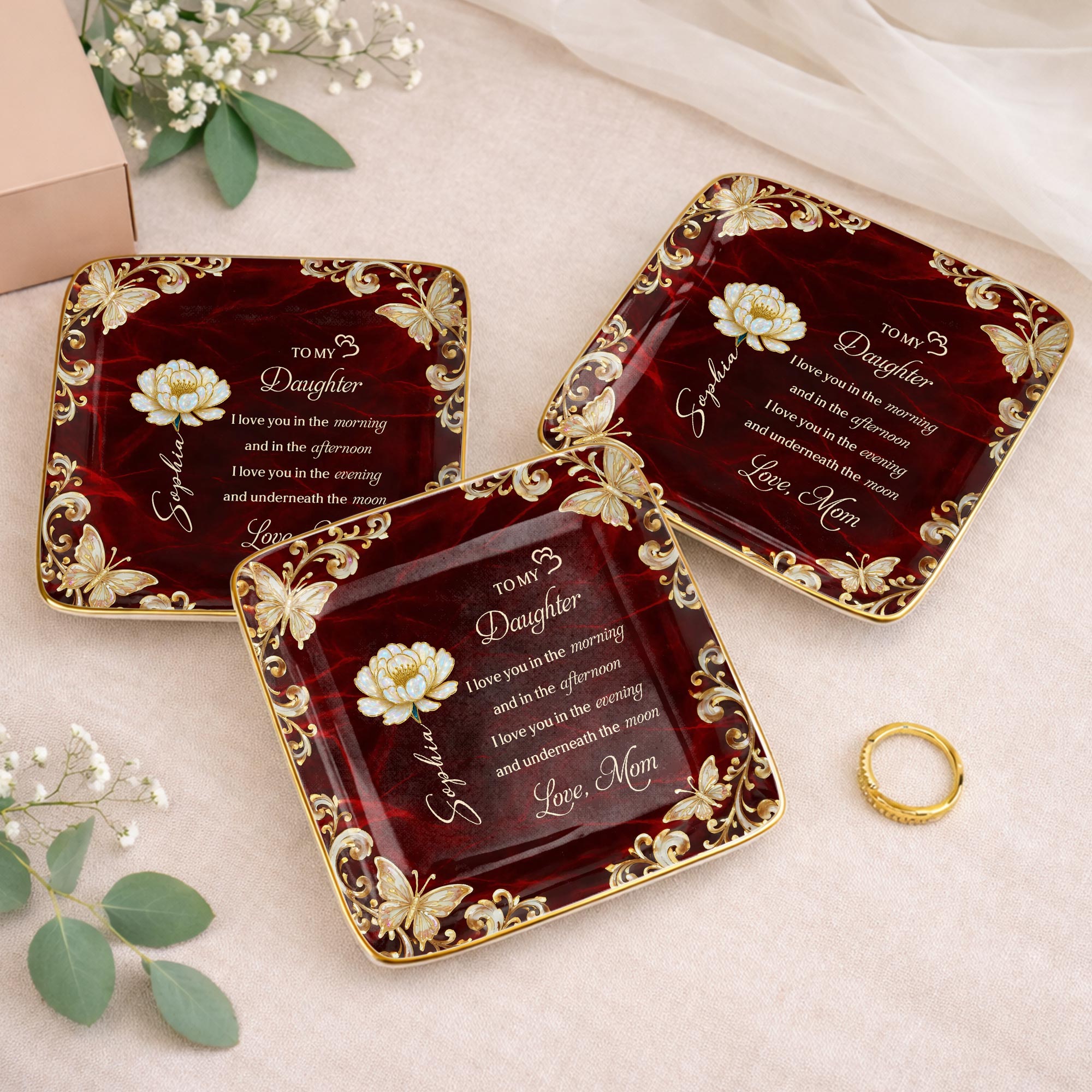 To My Daughter I Love You Birth Month Flower Butterflies - Personalized Custom Jewelry Dish, Ceramic Dish, Square Shape - DAU405_SCRF