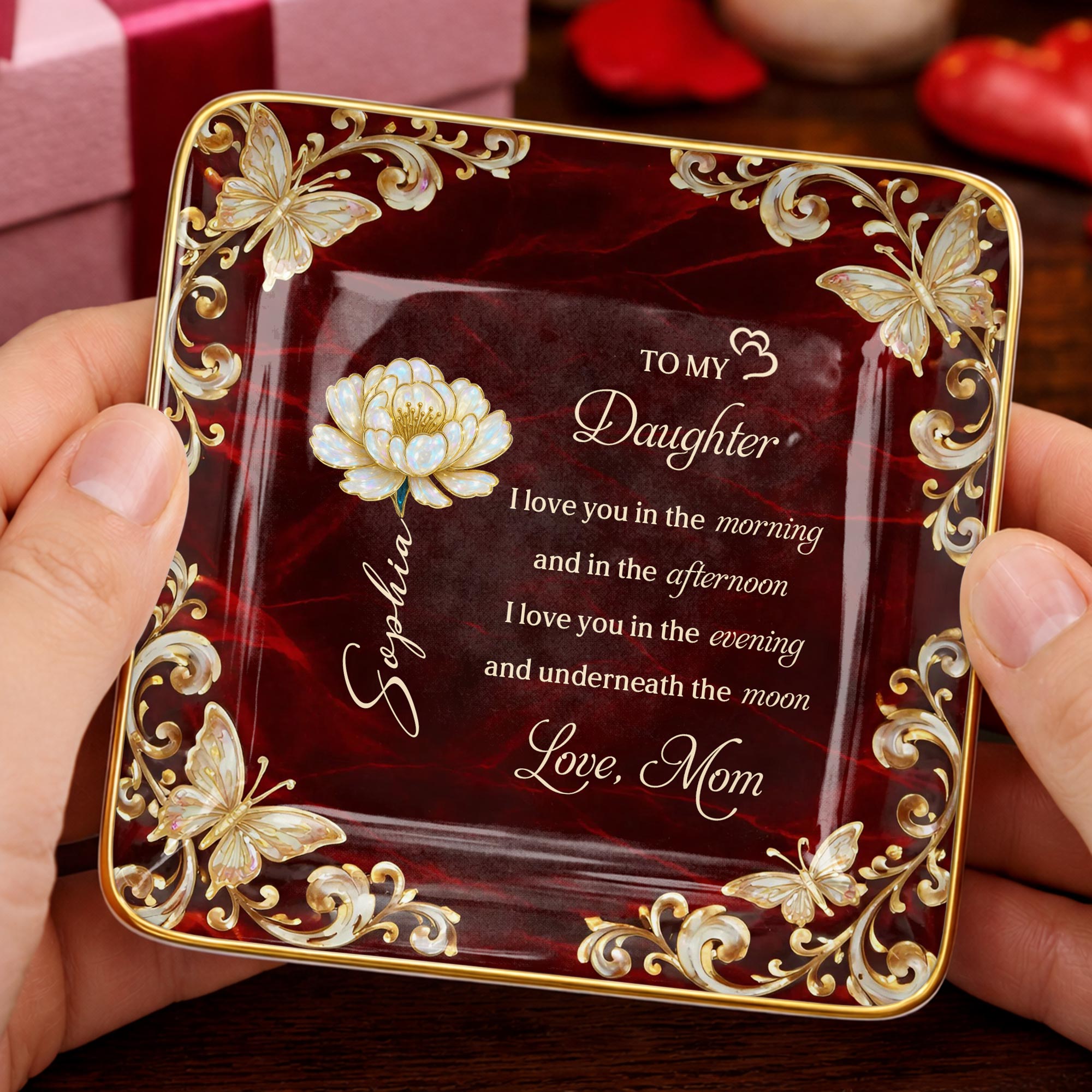 To My Daughter I Love You Birth Month Flower Butterflies - Personalized Custom Jewelry Dish, Ceramic Dish, Square Shape - DAU405_SCRF