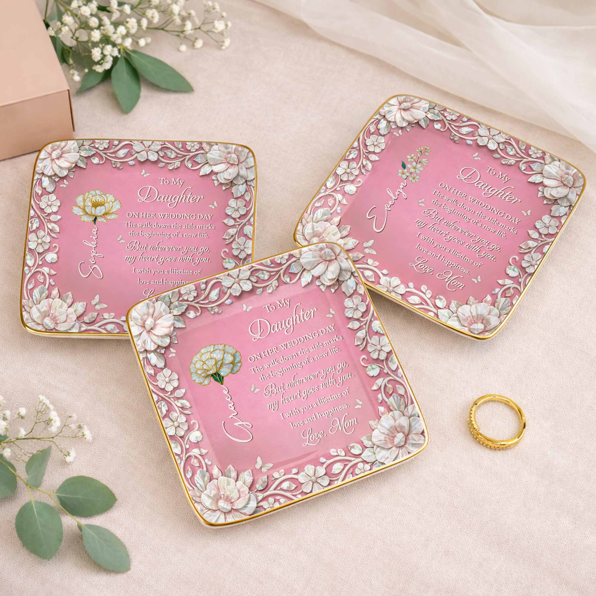 To My Daughter On Her Wedding Day Birth Month Flowers Mother Of Pearl - Personalized Custom Jewelry Dish, Ceramic Dish, Square Shape - DAU411_SCRF