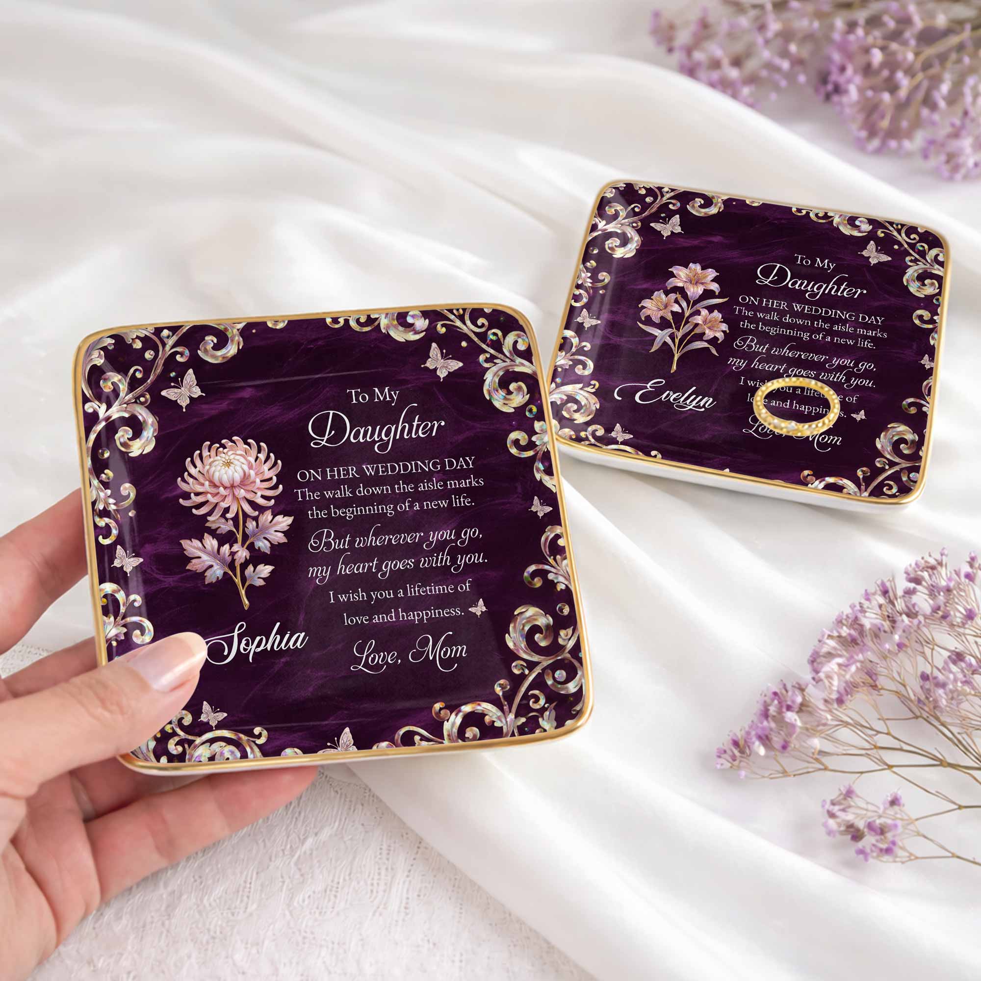 To My Daughter On Her Wedding Day Birth Month Flower Butterflies - Personalized Custom Jewelry Dish, Ceramic Dish, Square Shape - DAU412_SCRF