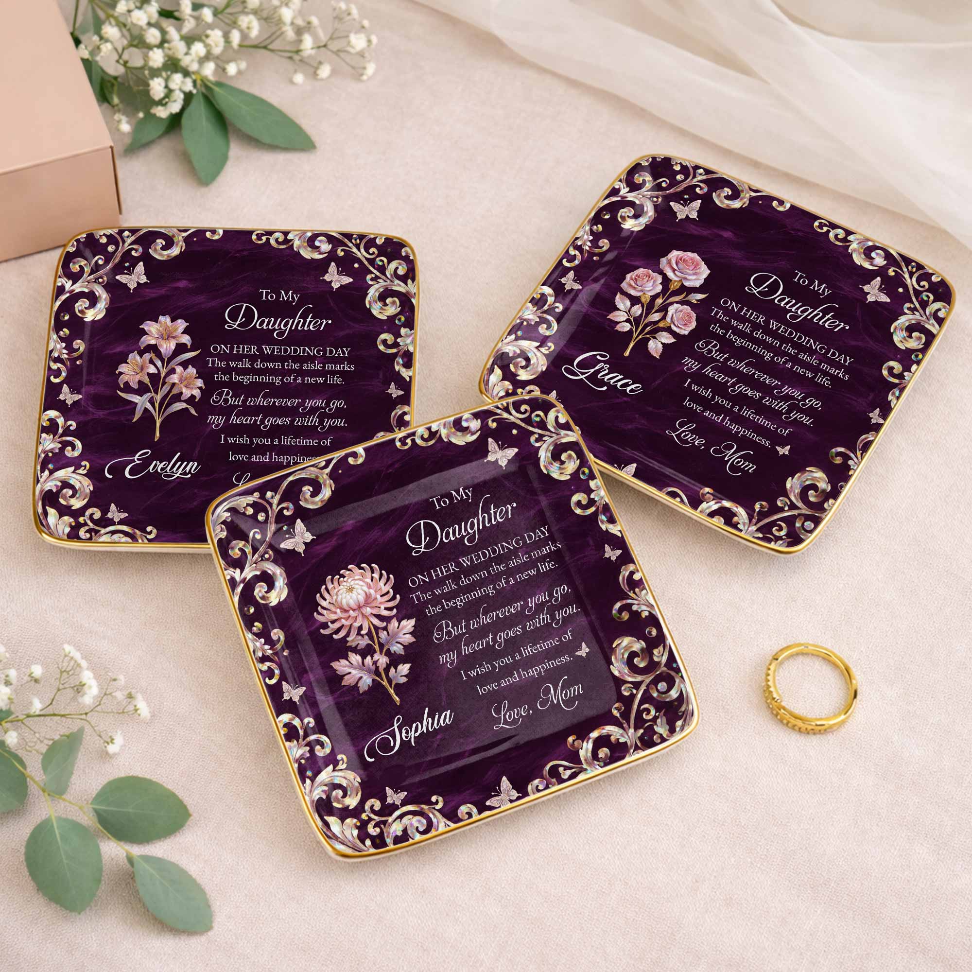 To My Daughter On Her Wedding Day Birth Month Flower Butterflies - Personalized Custom Jewelry Dish, Ceramic Dish, Square Shape - DAU412_SCRF