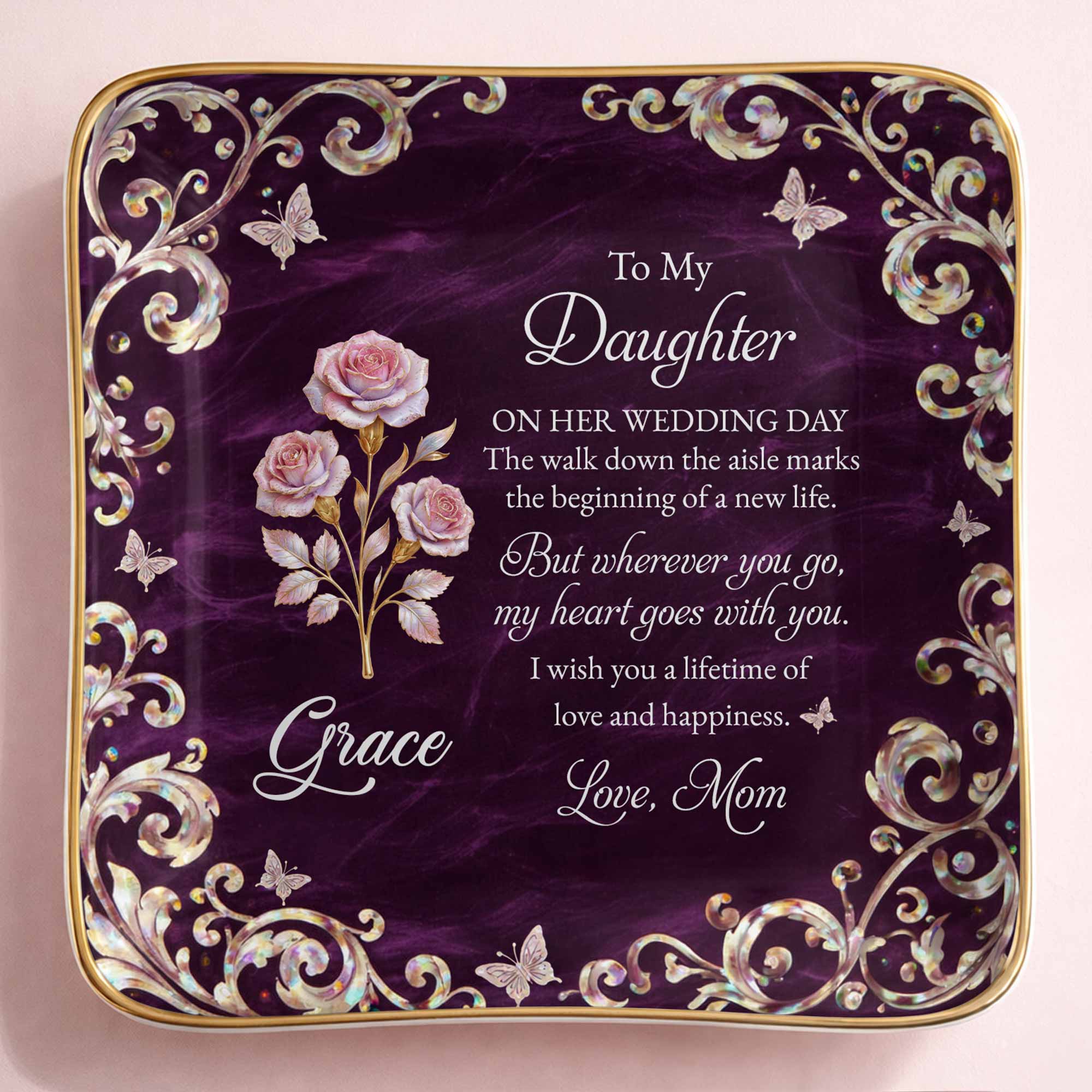 To My Daughter On Her Wedding Day Birth Month Flower Butterflies - Personalized Custom Jewelry Dish, Ceramic Dish, Square Shape - DAU412_SCRF