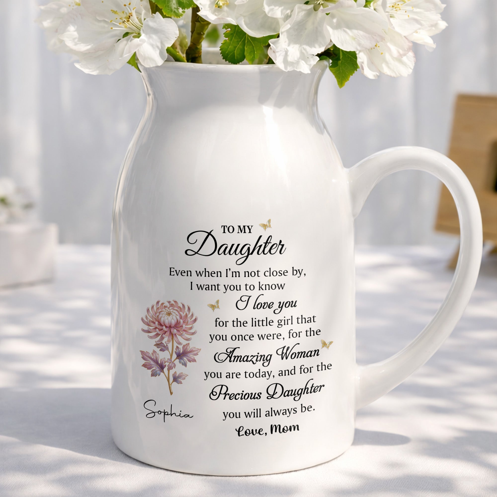 To My Daughter I Love You Birth Month Flower Ceramic Pitcher - Personalized Ceramic Flower Vase