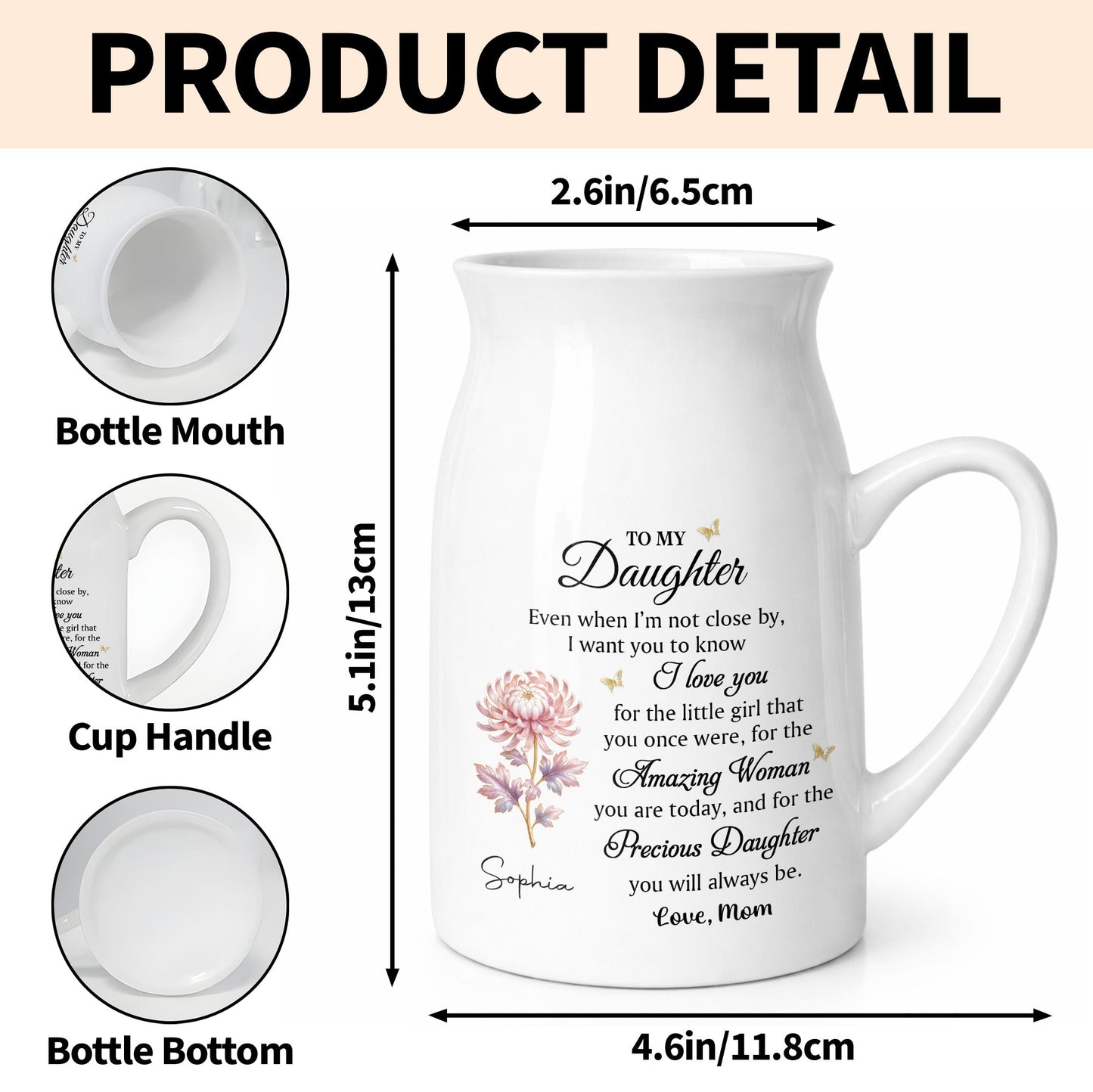 To My Daughter I Love You Birth Month Flower Ceramic Pitcher - Personalized Ceramic Flower Vase