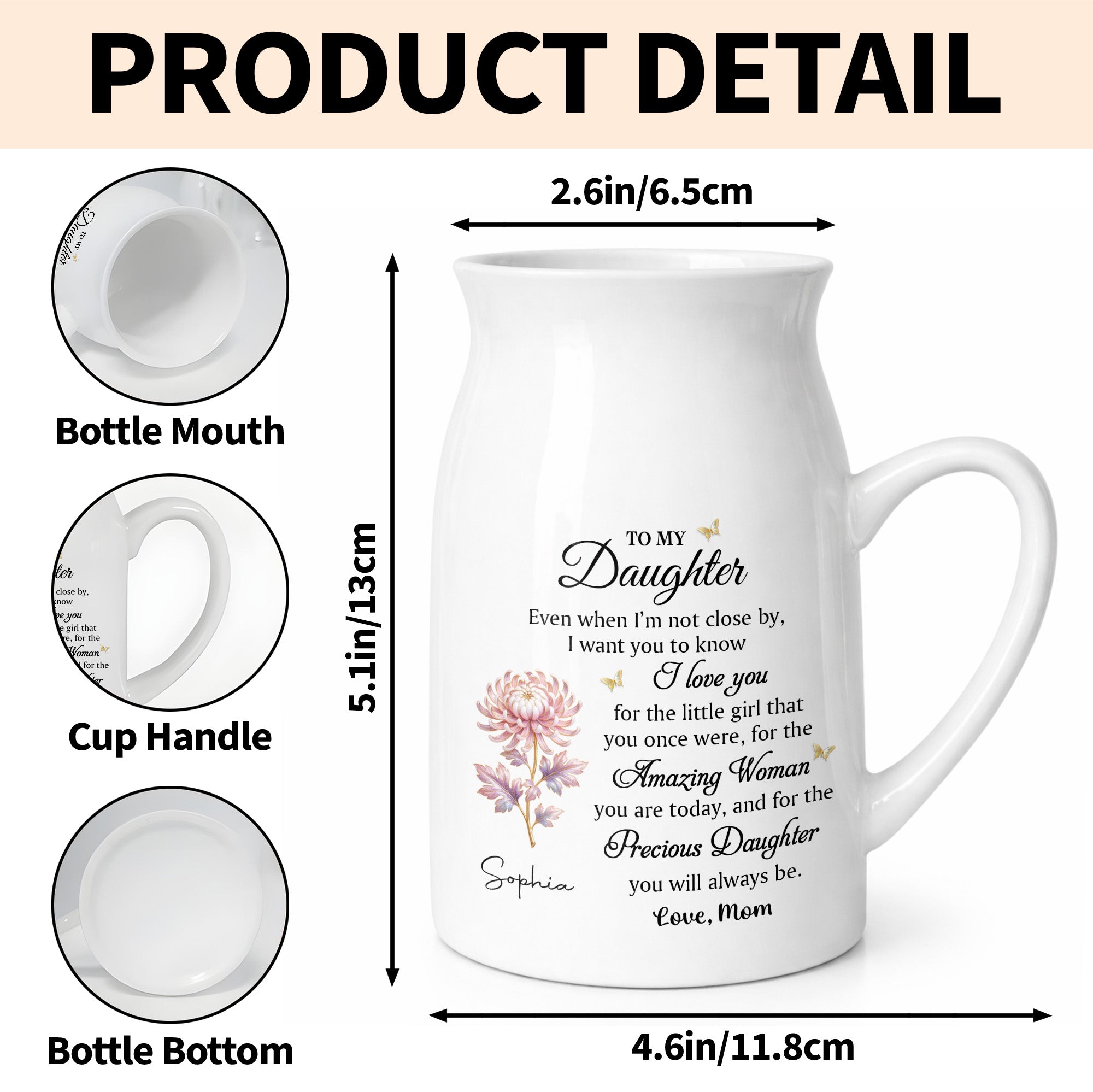 To My Daughter I Love You Birth Month Flower Ceramic Pitcher - Personalized Ceramic Flower Vase
