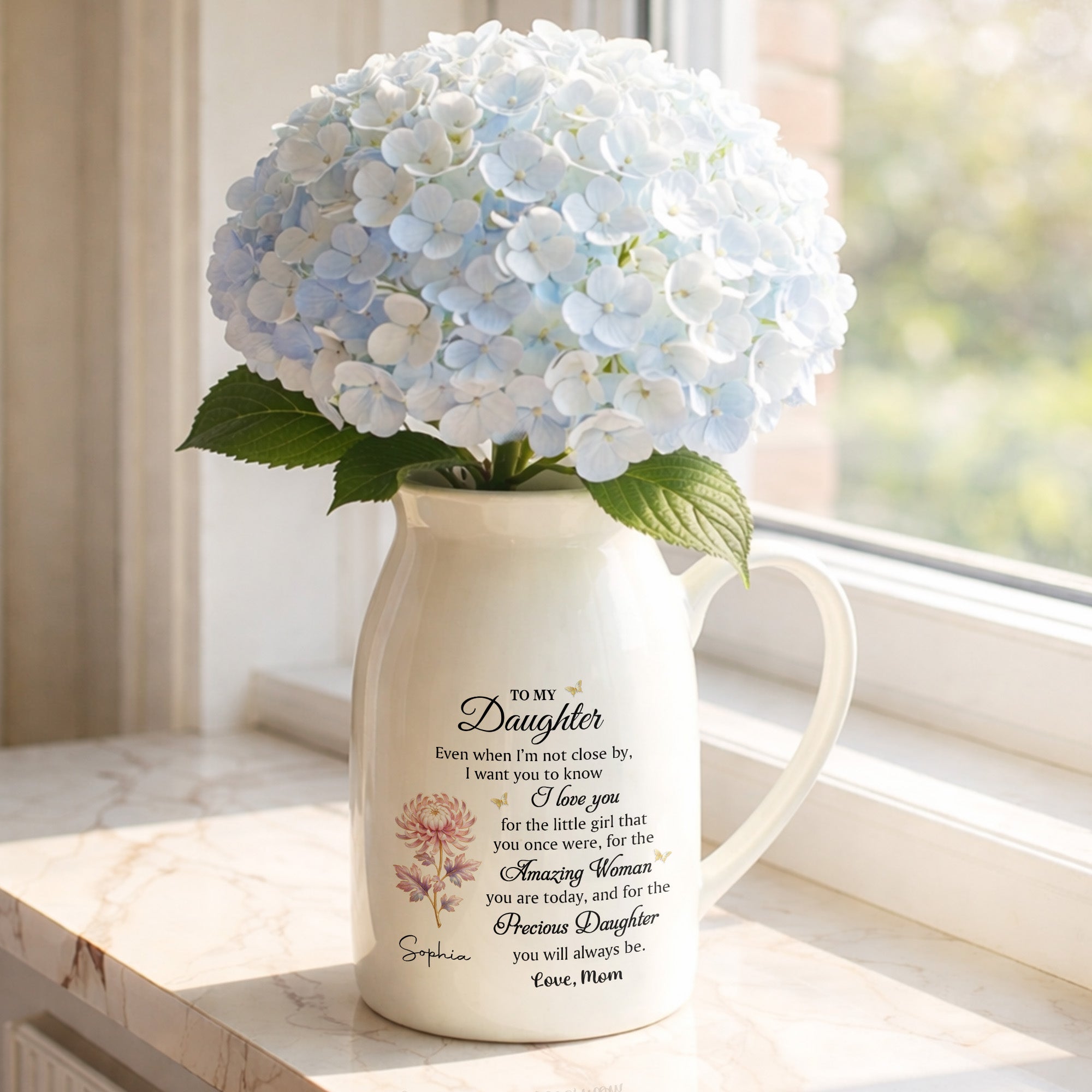 To My Daughter I Love You Birth Month Flower Ceramic Pitcher - Personalized Ceramic Flower Vase