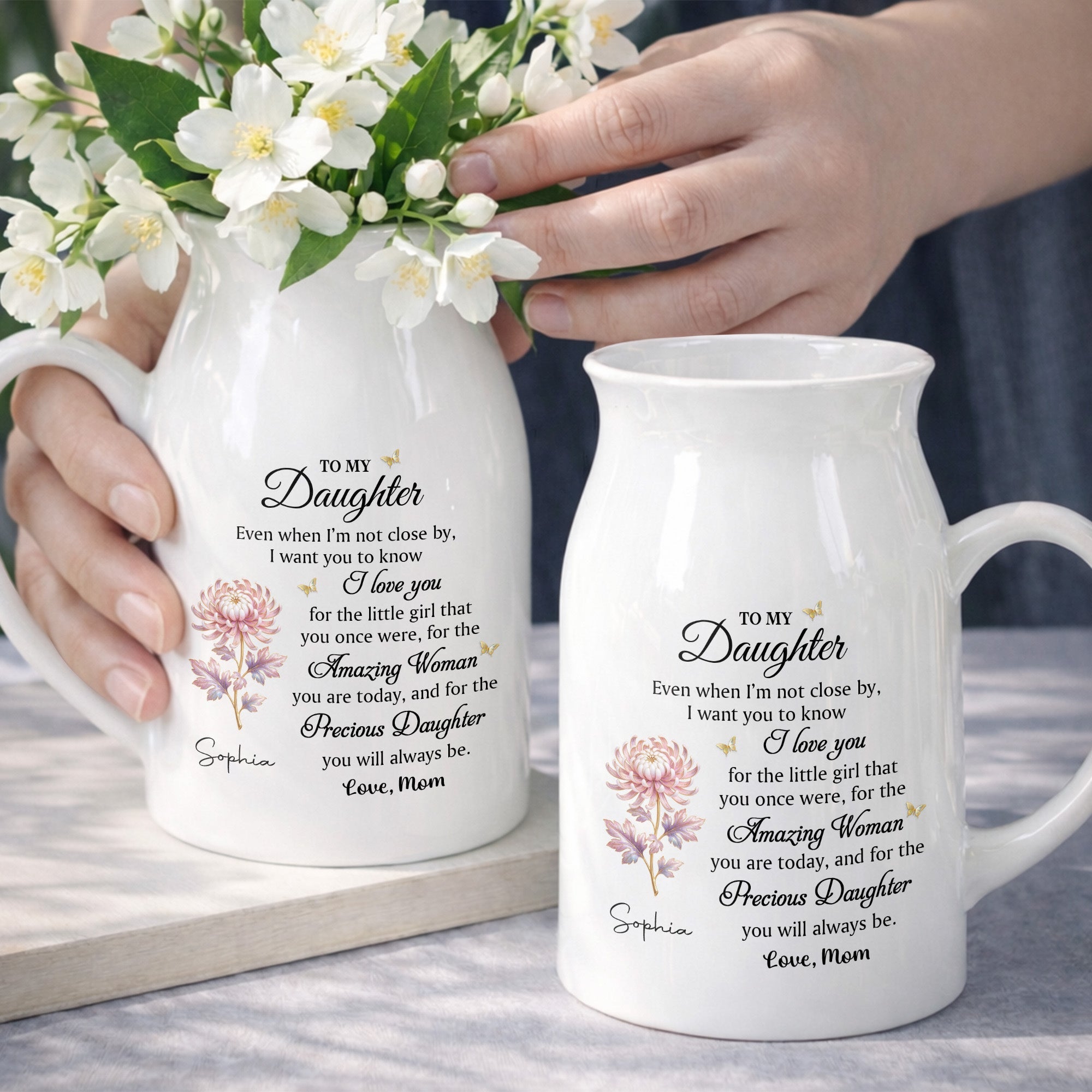 To My Daughter I Love You Birth Month Flower Ceramic Pitcher - Personalized Ceramic Flower Vase