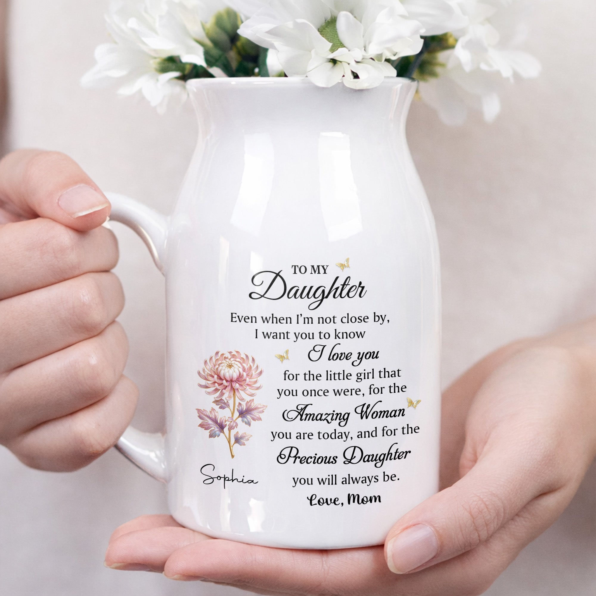 To My Daughter I Love You Birth Month Flower Ceramic Pitcher - Personalized Ceramic Flower Vase
