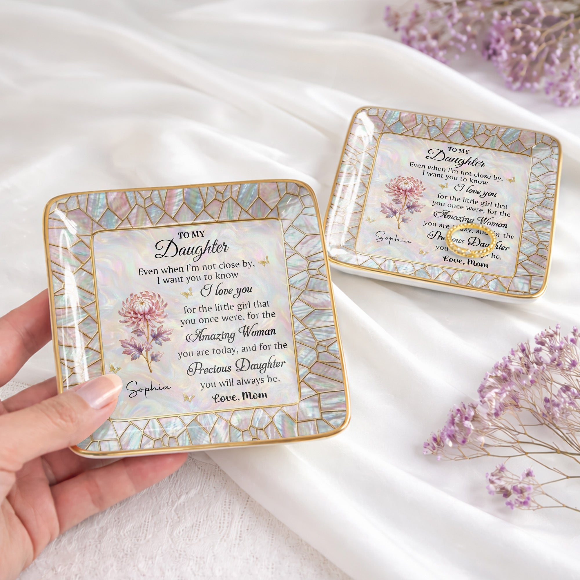 To My Daughter Even When I Am Not Close By Flower Mosaic - Personalized Custom Jewelry Dish, Ceramic Dish, Square Shape - DAU418_SCRF