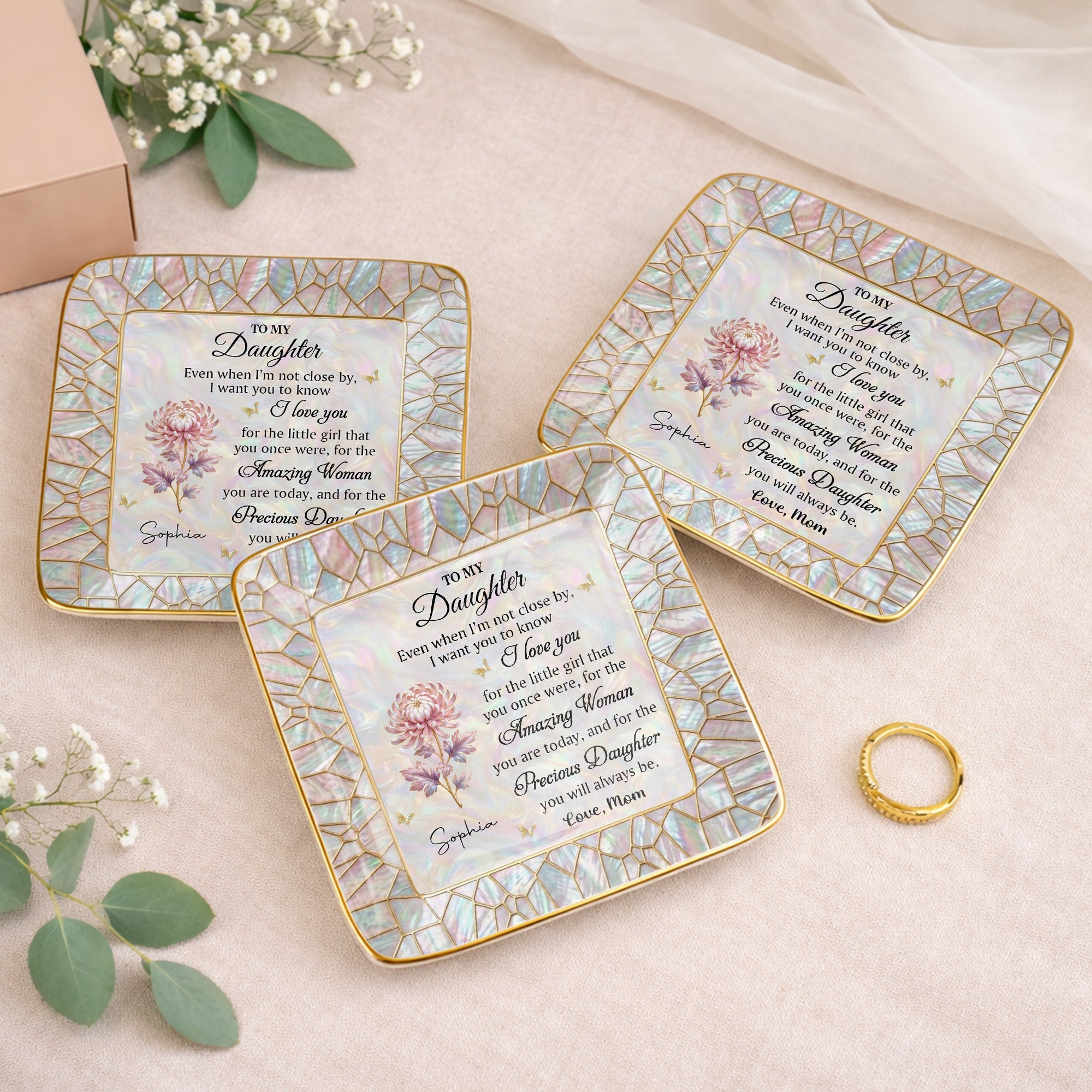 To My Daughter Even When I Am Not Close By Flower Mosaic - Personalized Custom Jewelry Dish, Ceramic Dish, Square Shape - DAU418_SCRF
