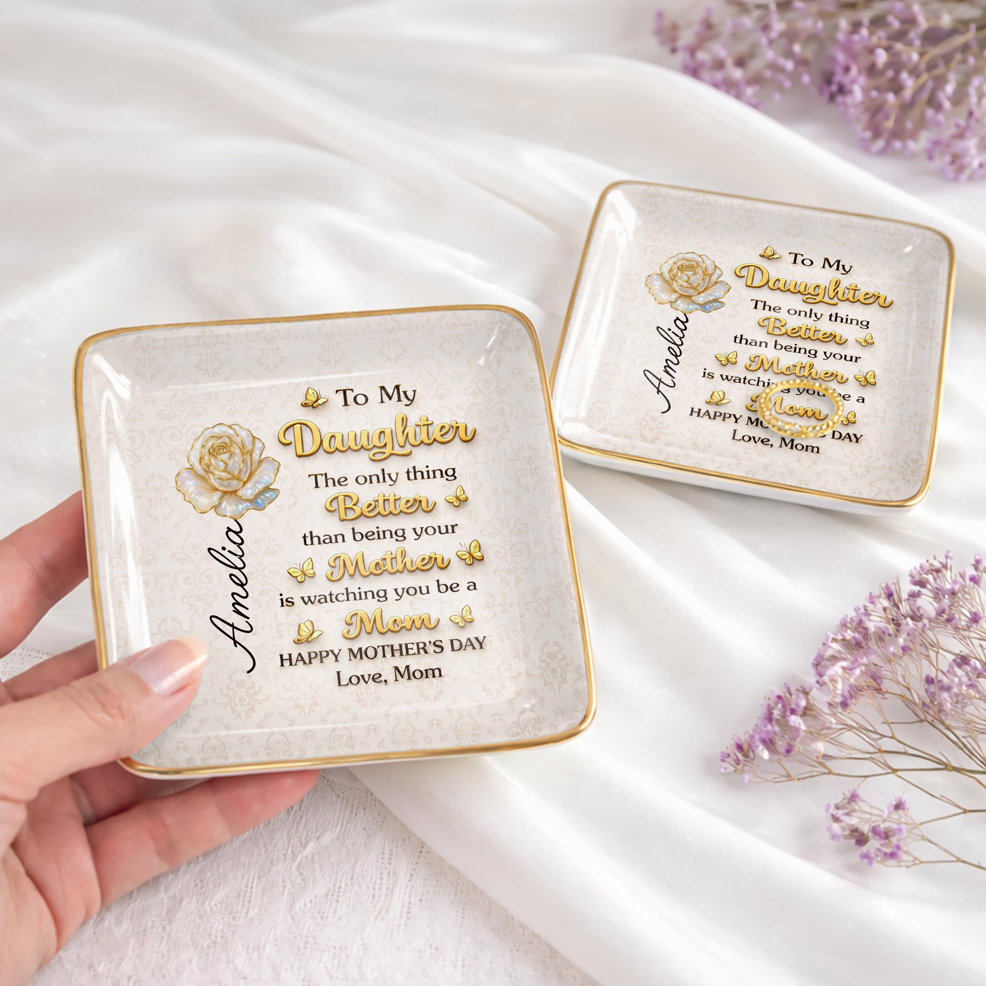 To My Daughter The Only Thing Better Rose And Butterflies - Personalized Custom Jewelry Dish, Ceramic Dish, Square Shape - DAU419_SCRF