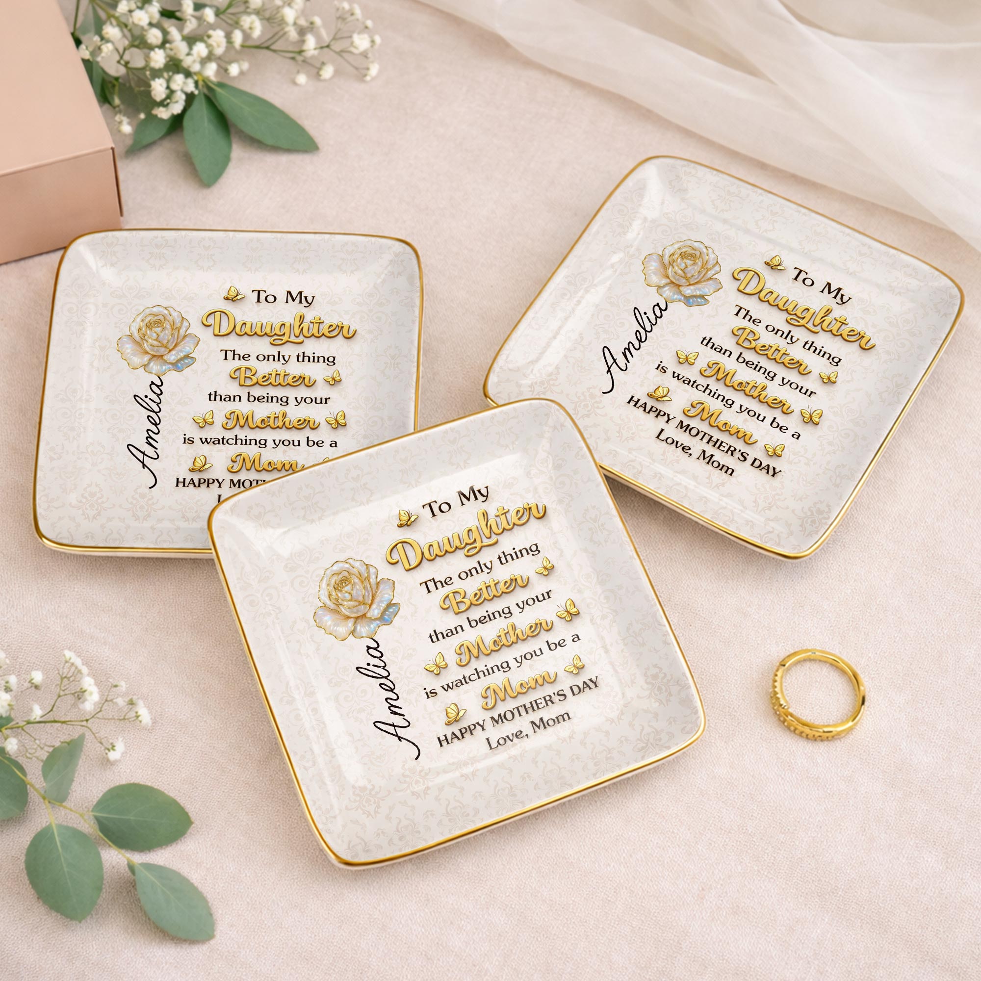 To My Daughter The Only Thing Better Rose And Butterflies - Personalized Custom Jewelry Dish, Ceramic Dish, Square Shape - DAU419_SCRF