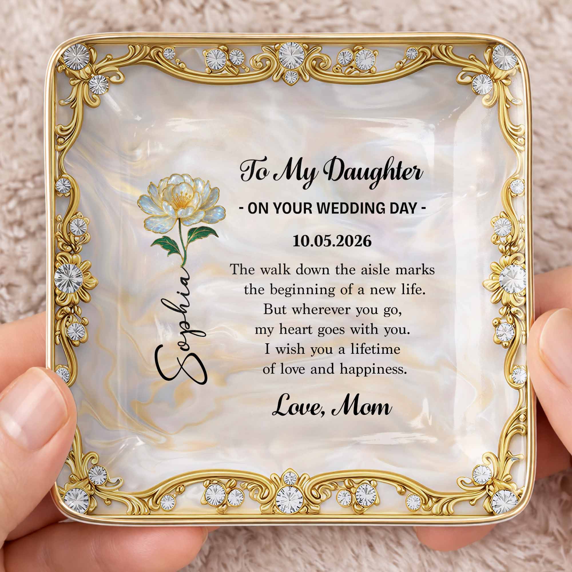 To My Daughter On Your Wedding Day With Birth Flower - Personalized Custom Jewelry Dish, Ceramic Dish, Square Shape - DAU420_SCRF