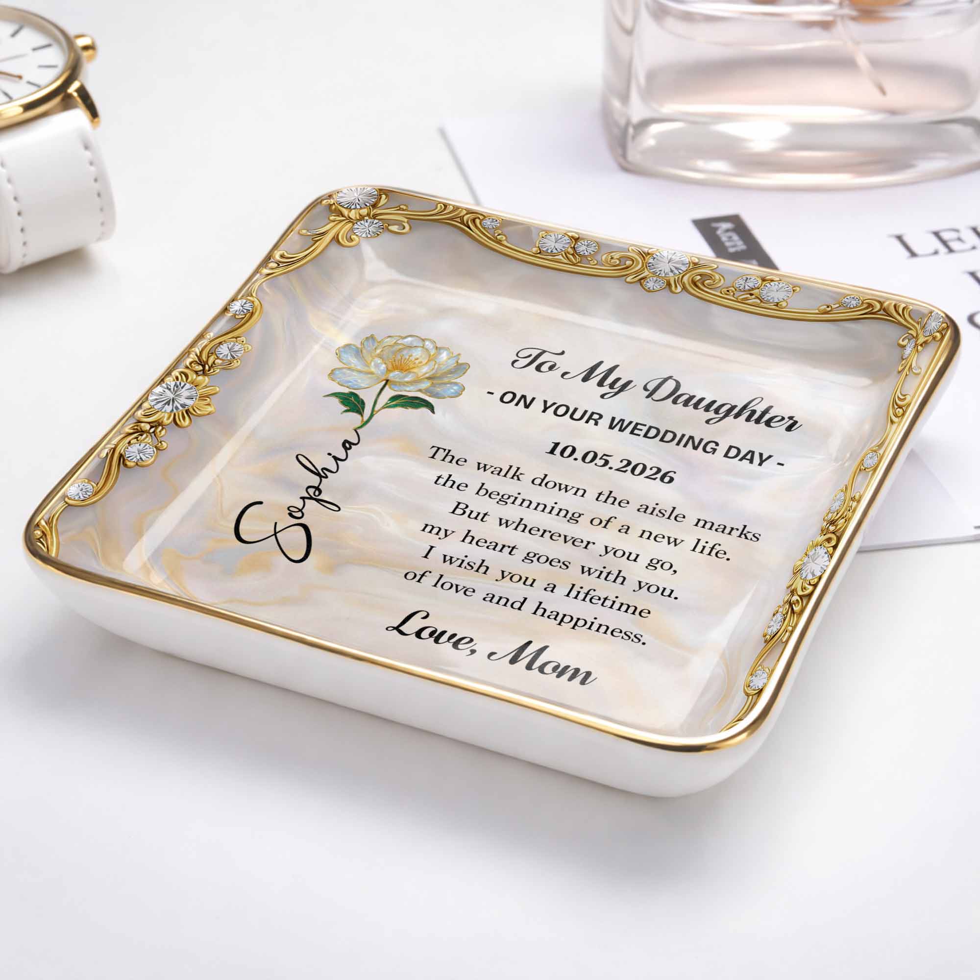 To My Daughter On Your Wedding Day With Birth Flower - Personalized Custom Jewelry Dish, Ceramic Dish, Square Shape - DAU420_SCRF