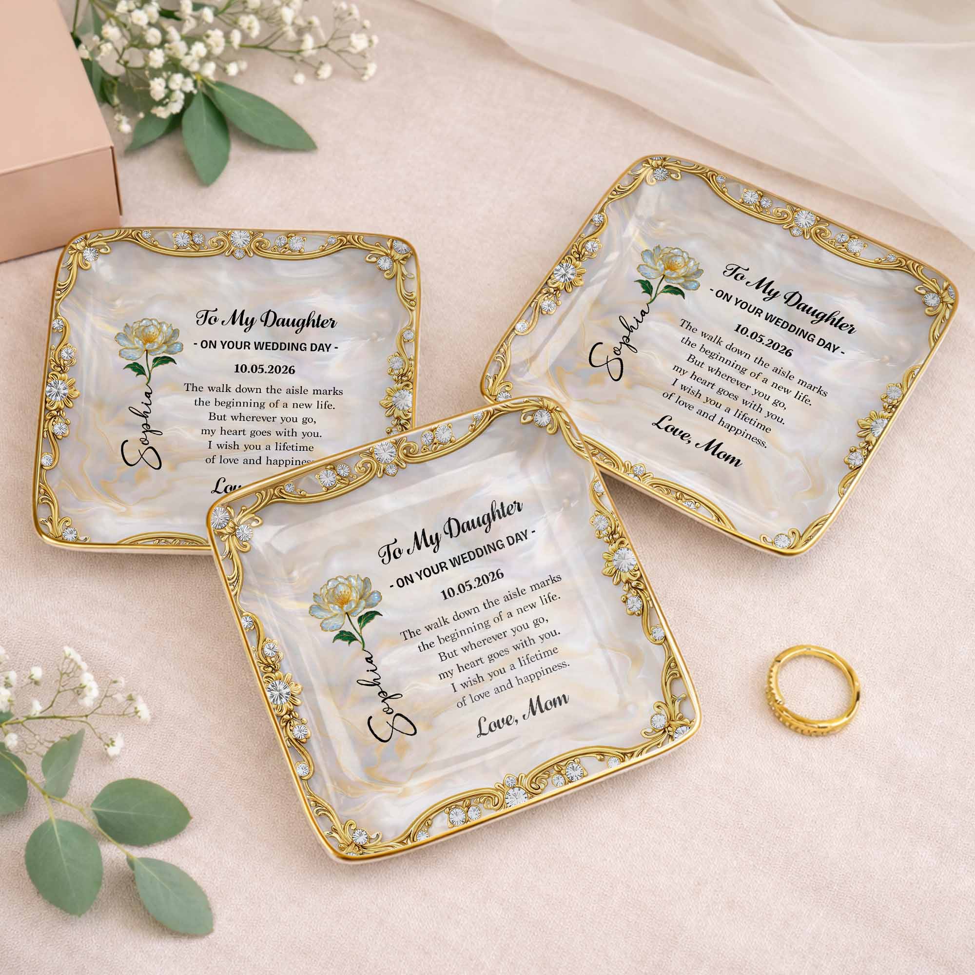 To My Daughter On Your Wedding Day With Birth Flower - Personalized Custom Jewelry Dish, Ceramic Dish, Square Shape - DAU420_SCRF