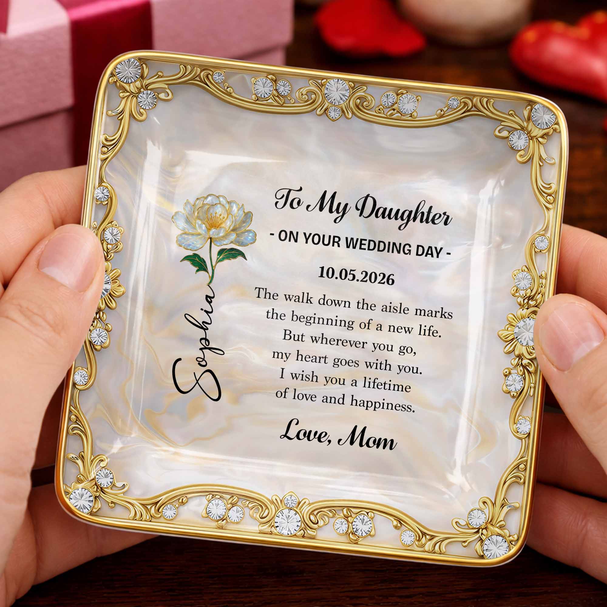 To My Daughter On Your Wedding Day With Birth Flower - Personalized Custom Jewelry Dish, Ceramic Dish, Square Shape - DAU420_SCRF