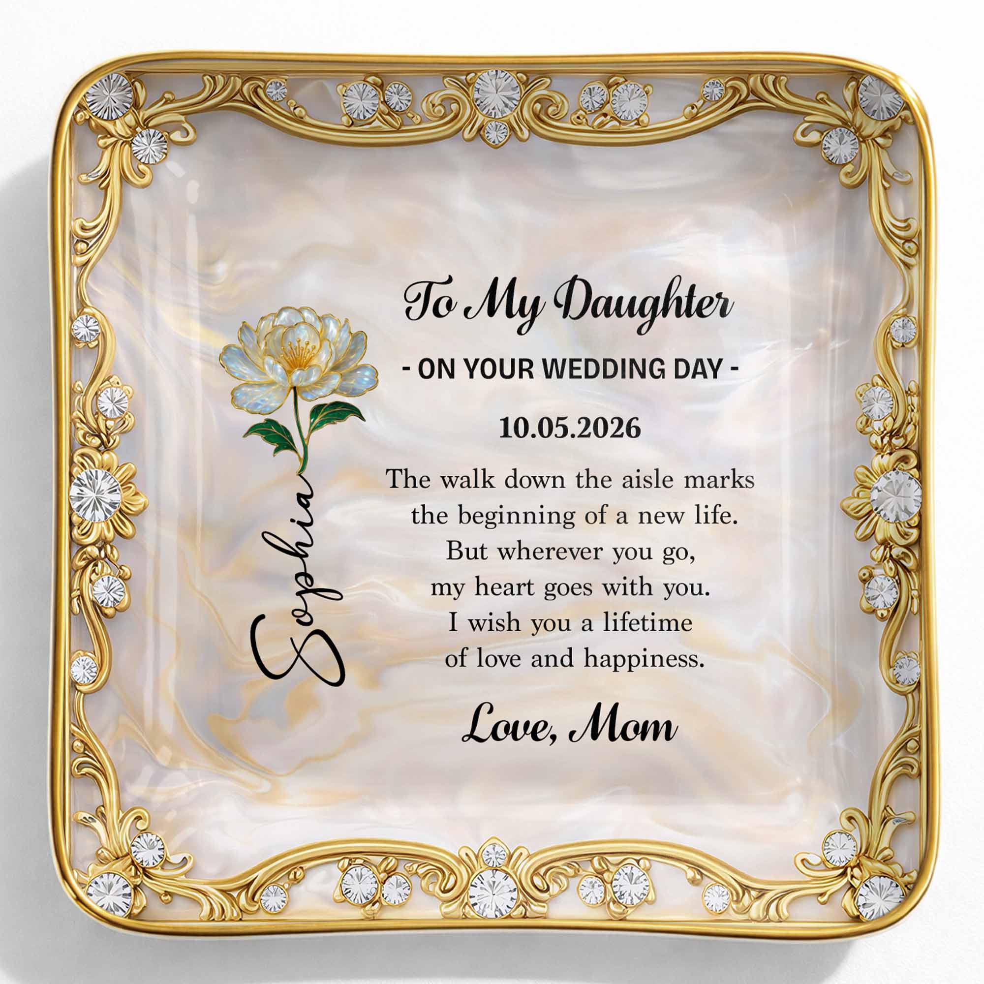 To My Daughter On Your Wedding Day With Birth Flower - Personalized Custom Jewelry Dish, Ceramic Dish, Square Shape - DAU420_SCRF