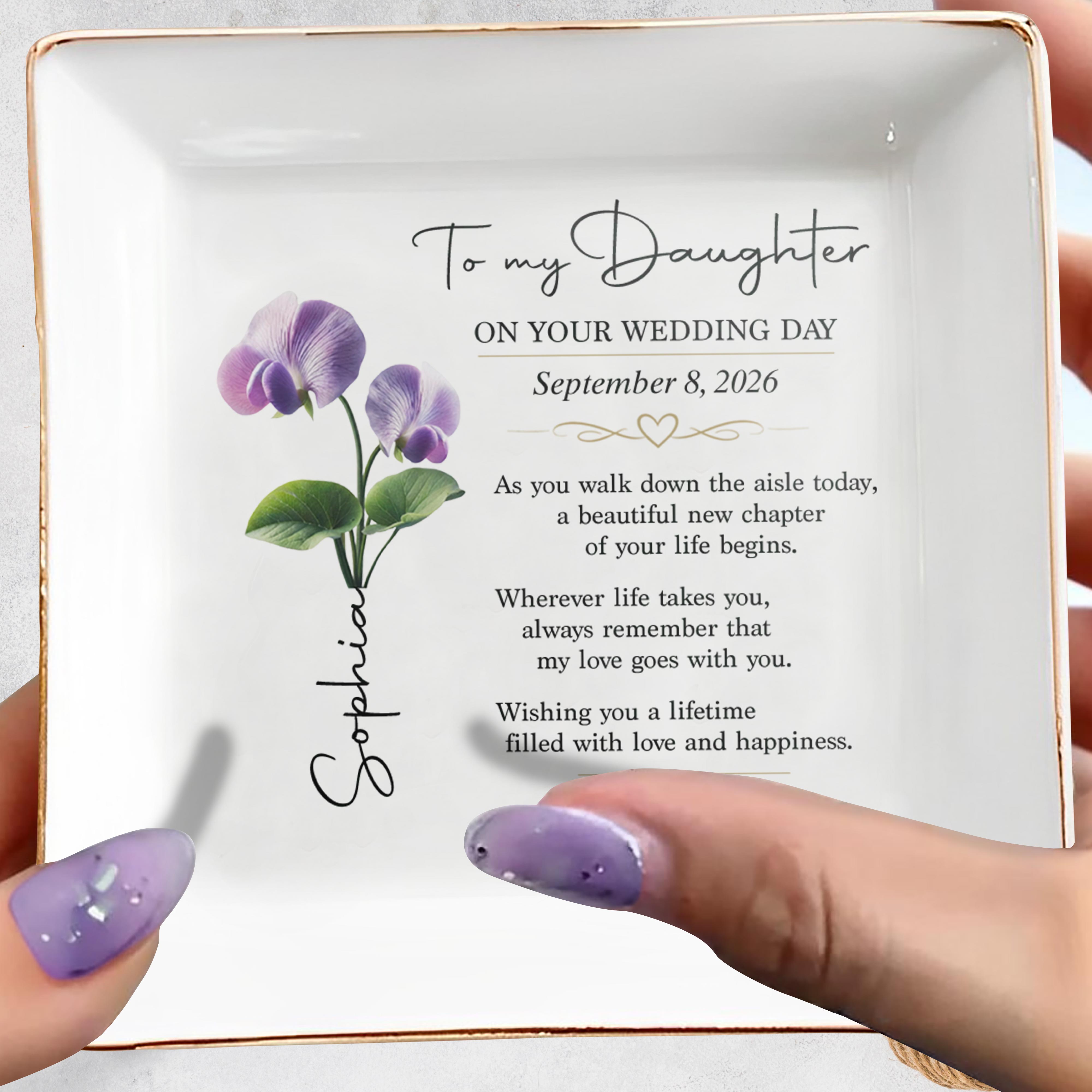 To My Daughter On Your Wedding Day Flower Jewelry Dish - Personalized Custom Jewelry Dish, Square Ceramic Dish - DAU423_SCRD
