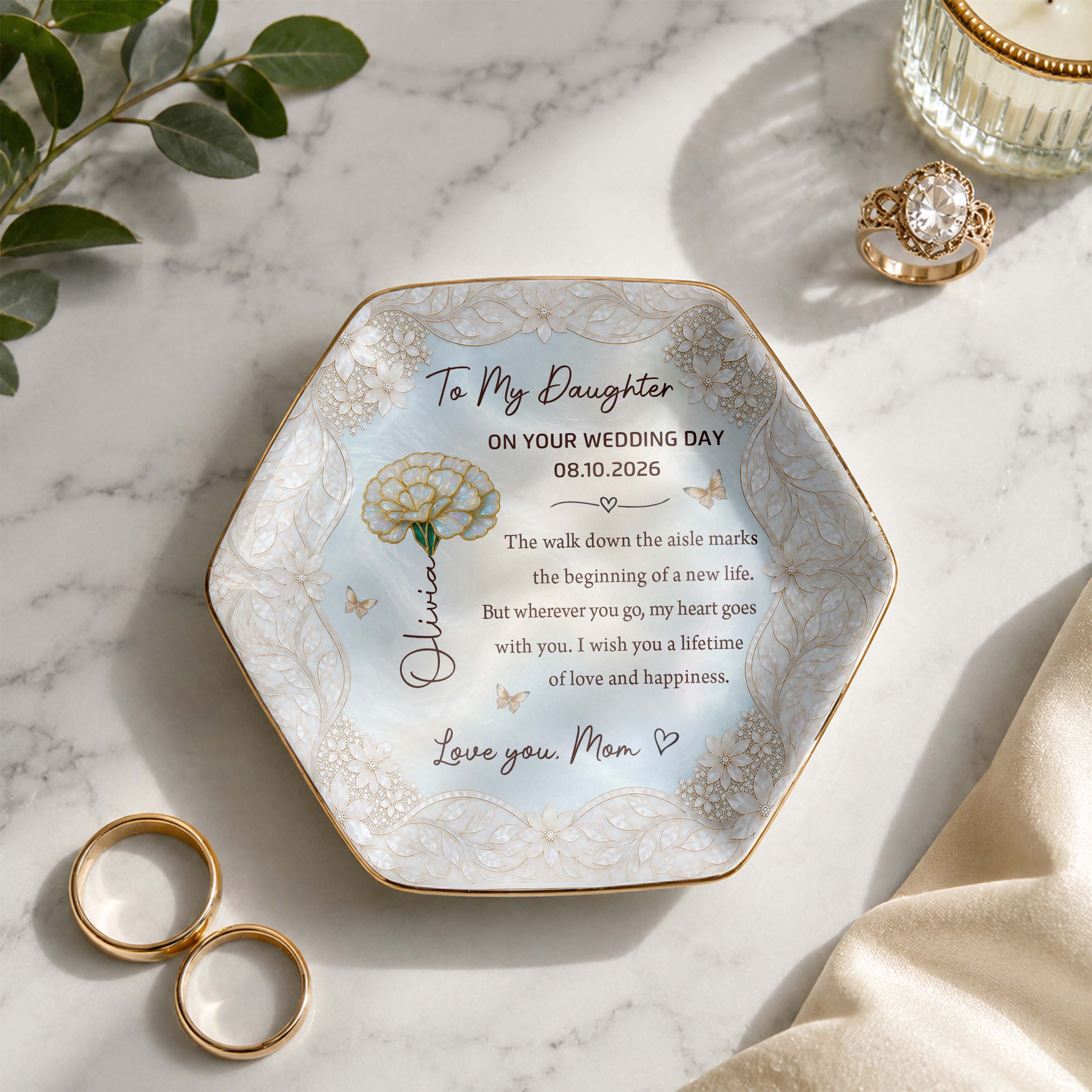 To My Daughter On Your Wedding Day With Flower And Butterflies - Personalized Custom Jewelry Dish, Ceramic Dish, Hexagonal Shape - DAU424_HECRD