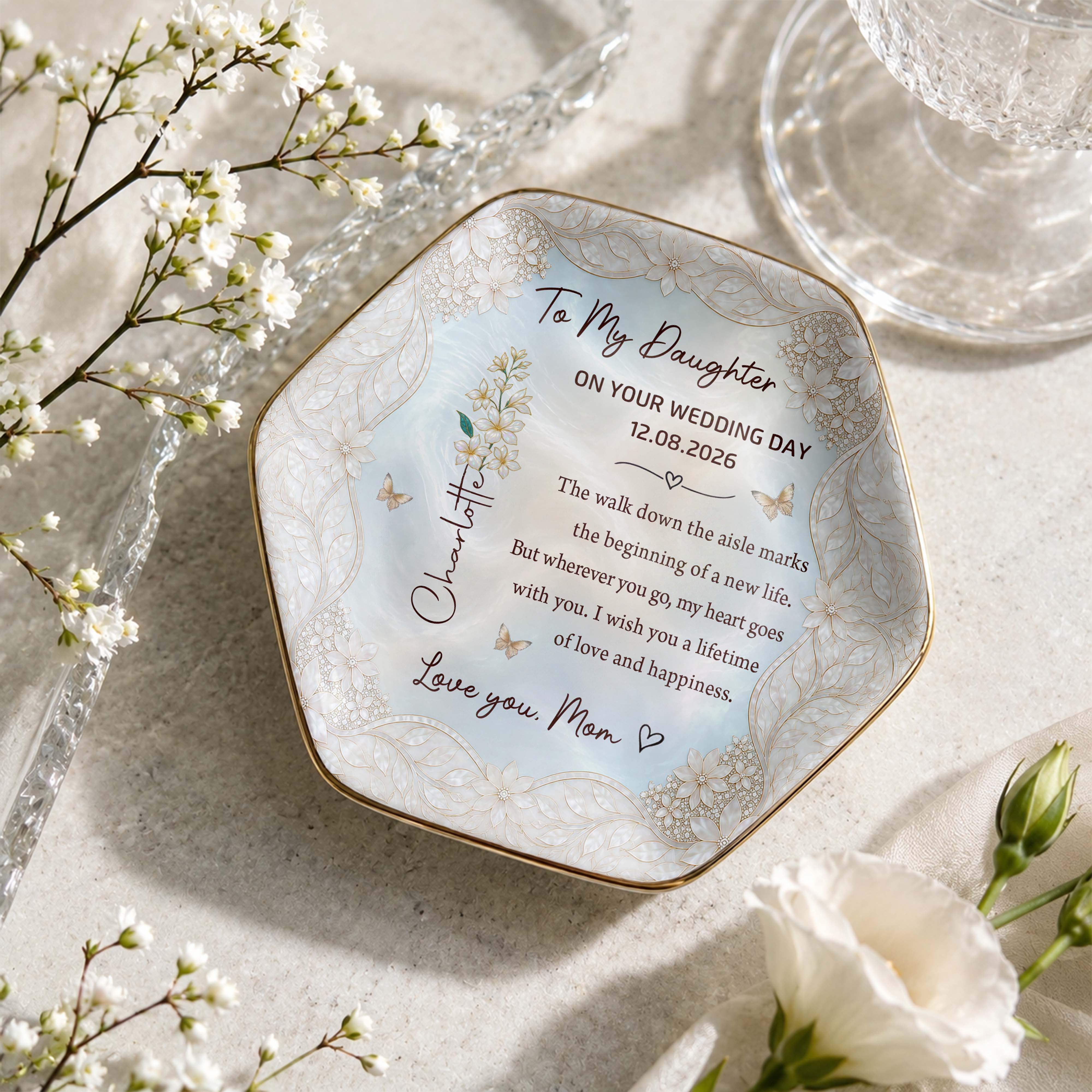 To My Daughter On Your Wedding Day With Flower And Butterflies - Personalized Custom Jewelry Dish, Ceramic Dish, Hexagonal Shape - DAU424_HECRD