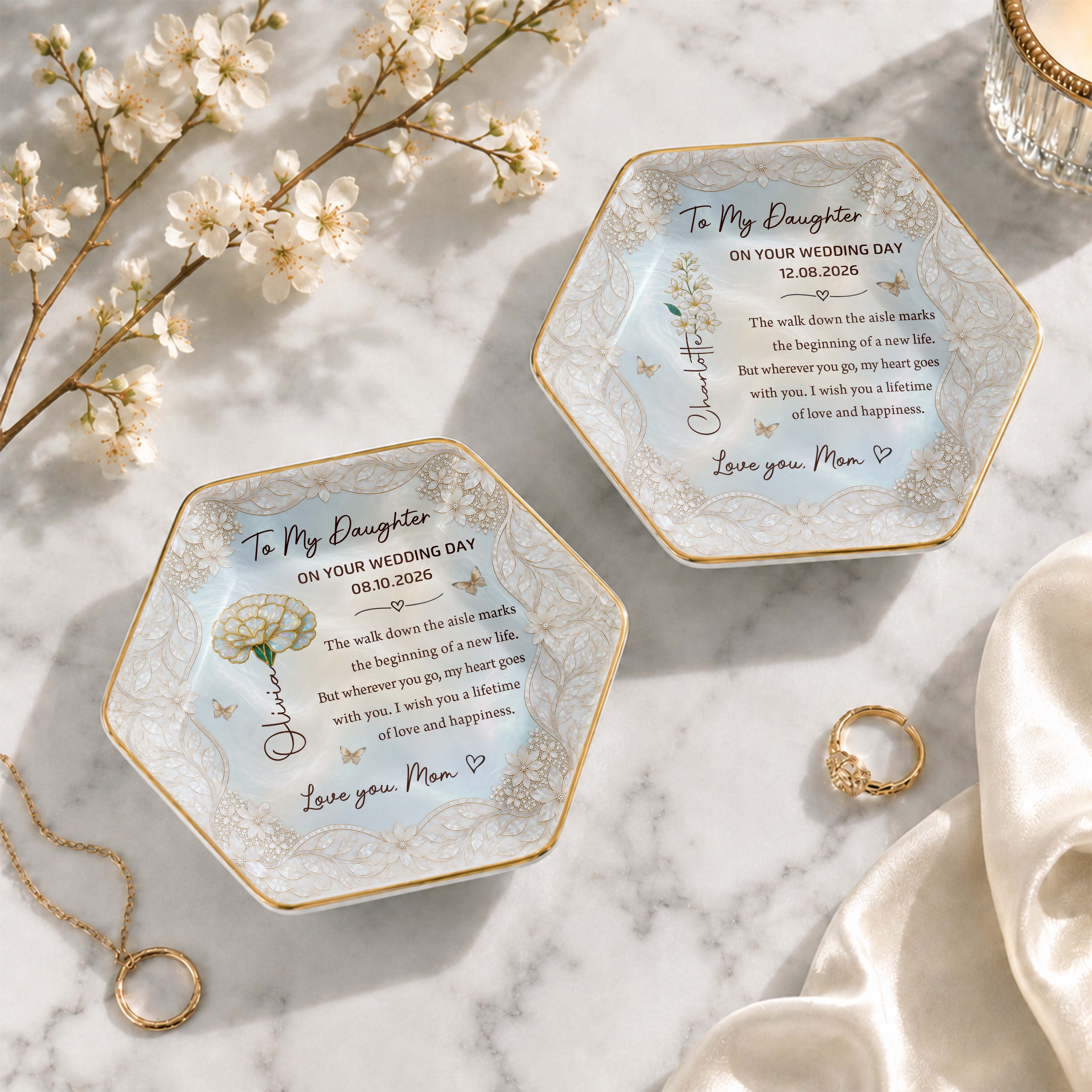 To My Daughter On Your Wedding Day With Flower And Butterflies - Personalized Custom Jewelry Dish, Ceramic Dish, Hexagonal Shape - DAU424_HECRD