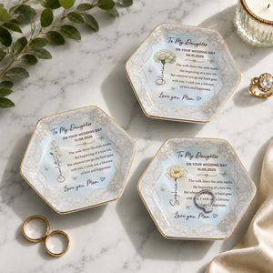 To My Daughter On Your Wedding Day With Flower And Butterflies - Personalized Custom Jewelry Dish, Ceramic Dish, Hexagonal Shape - DAU424_HECRD