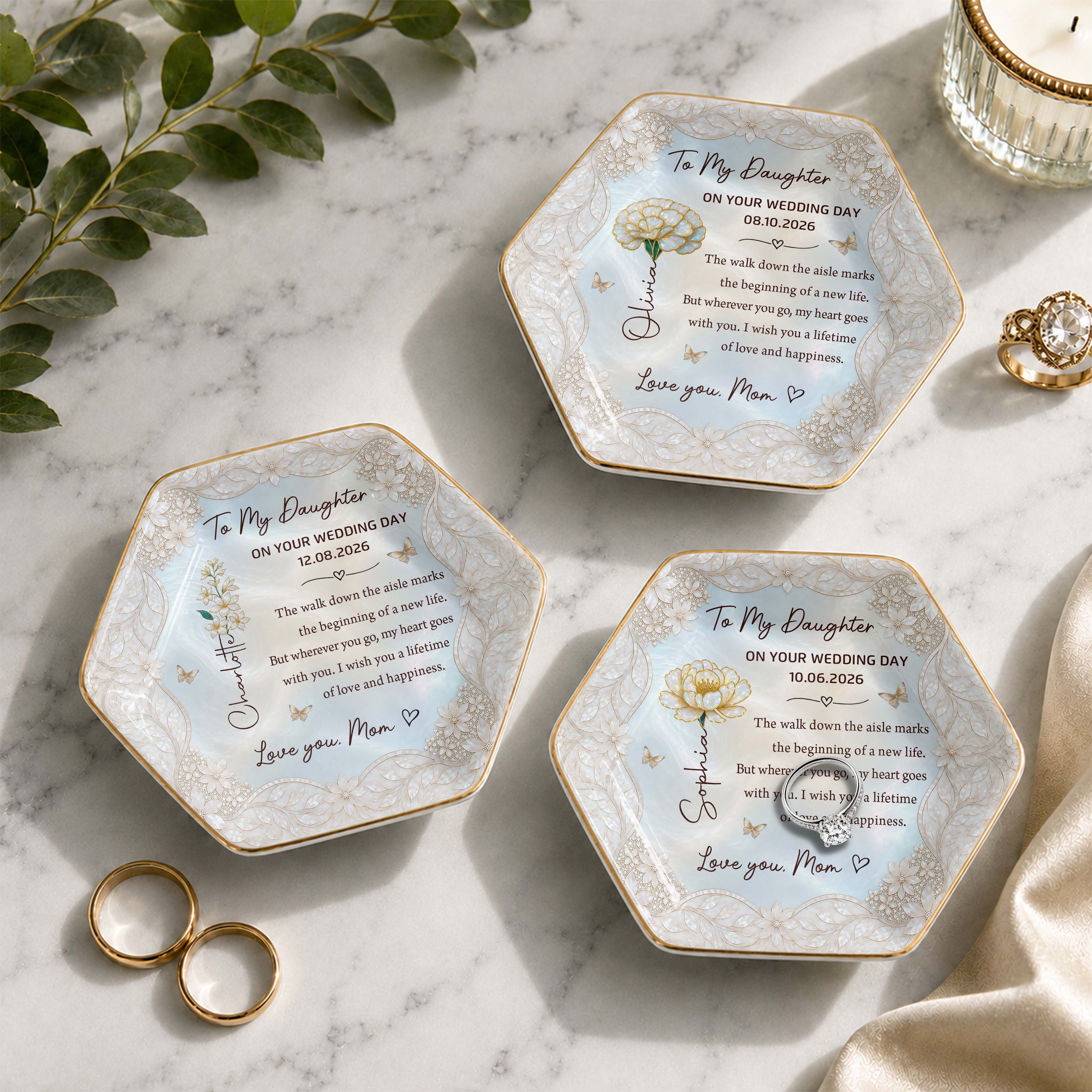 To My Daughter On Your Wedding Day With Flower And Butterflies - Personalized Custom Jewelry Dish, Ceramic Dish, Hexagonal Shape - DAU424_HECRD