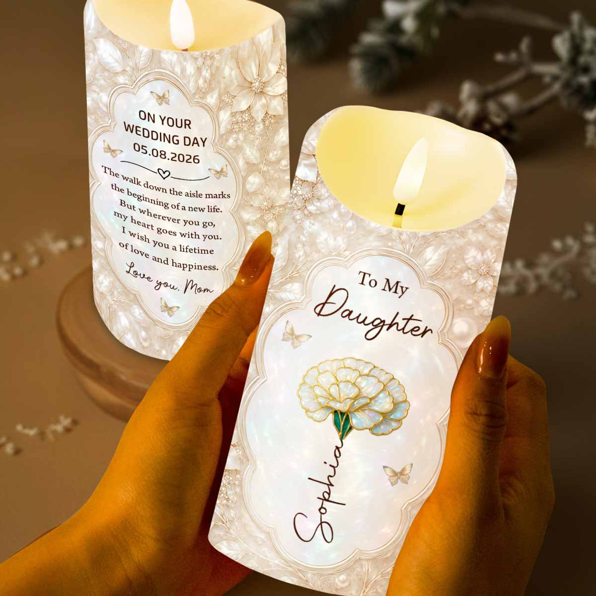 To My Daughter On Our Wedding Day Flower And Butterflies - Personalized Custom LED Candle - DAU424_LECA