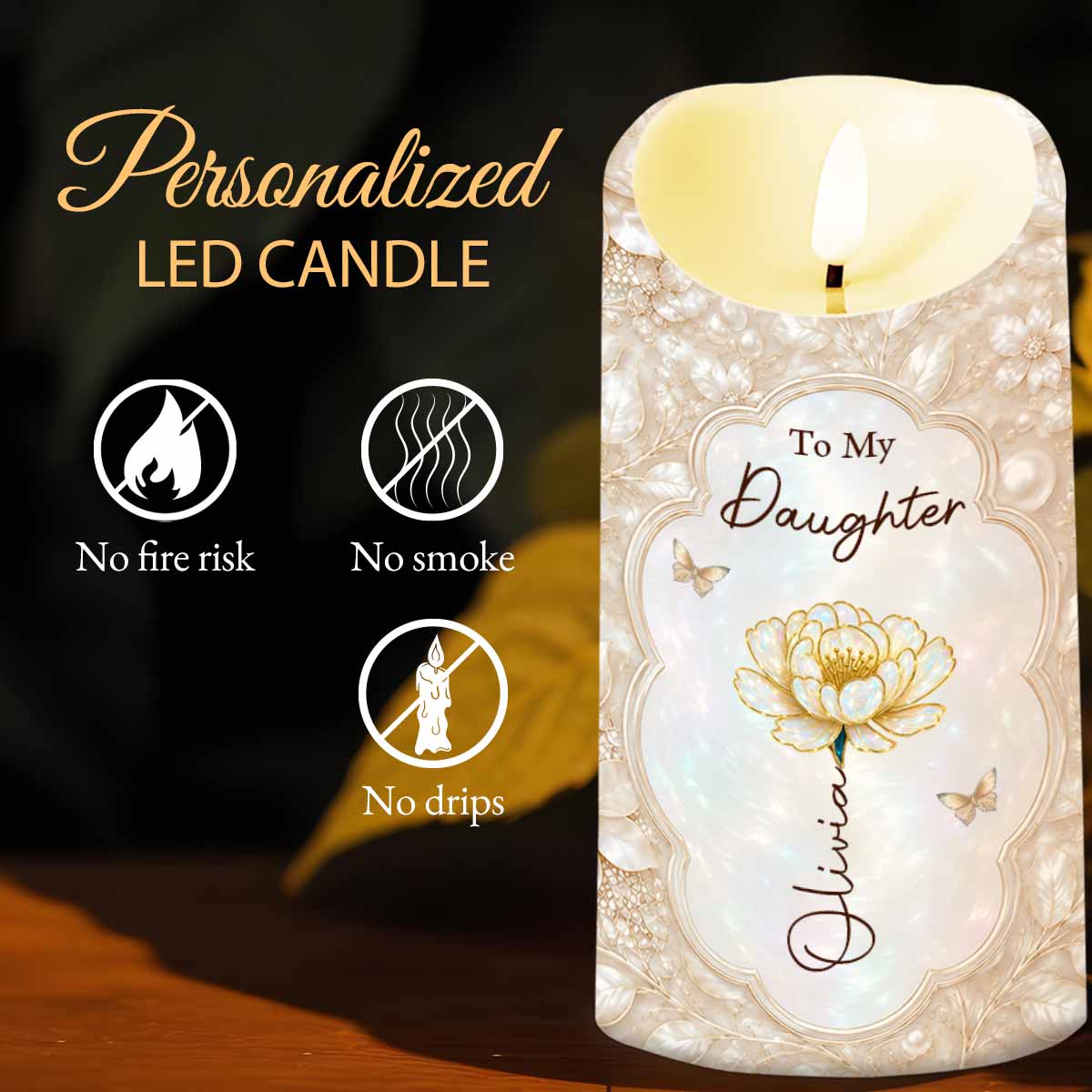 To My Daughter On Our Wedding Day Flower And Butterflies - Personalized Custom LED Candle - DAU424_LECA