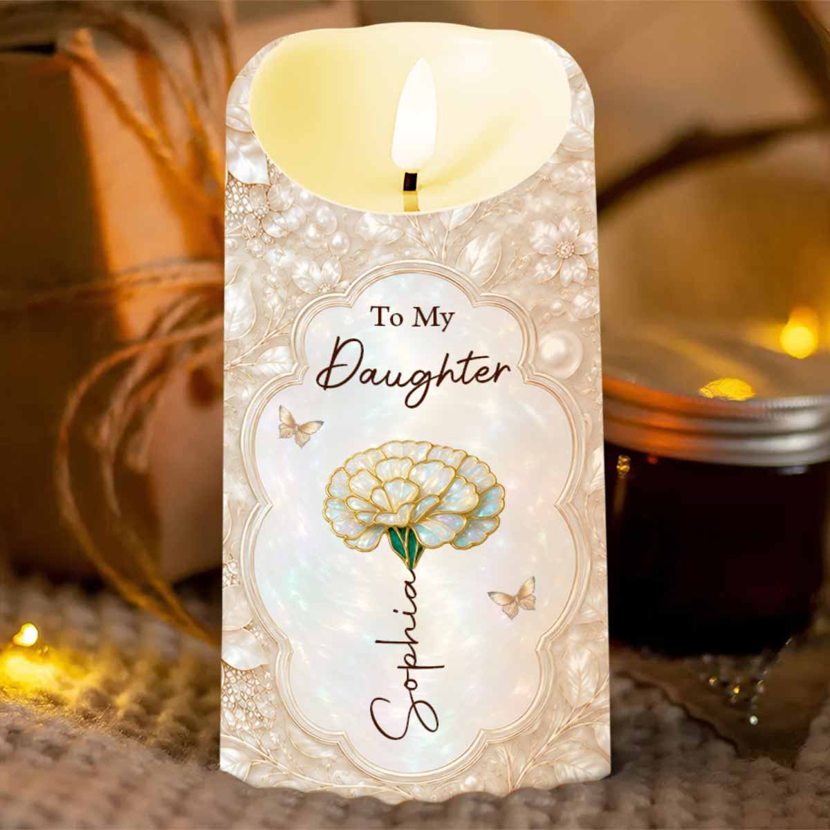 To My Daughter On Our Wedding Day Flower And Butterflies - Personalized Custom LED Candle - DAU424_LECA