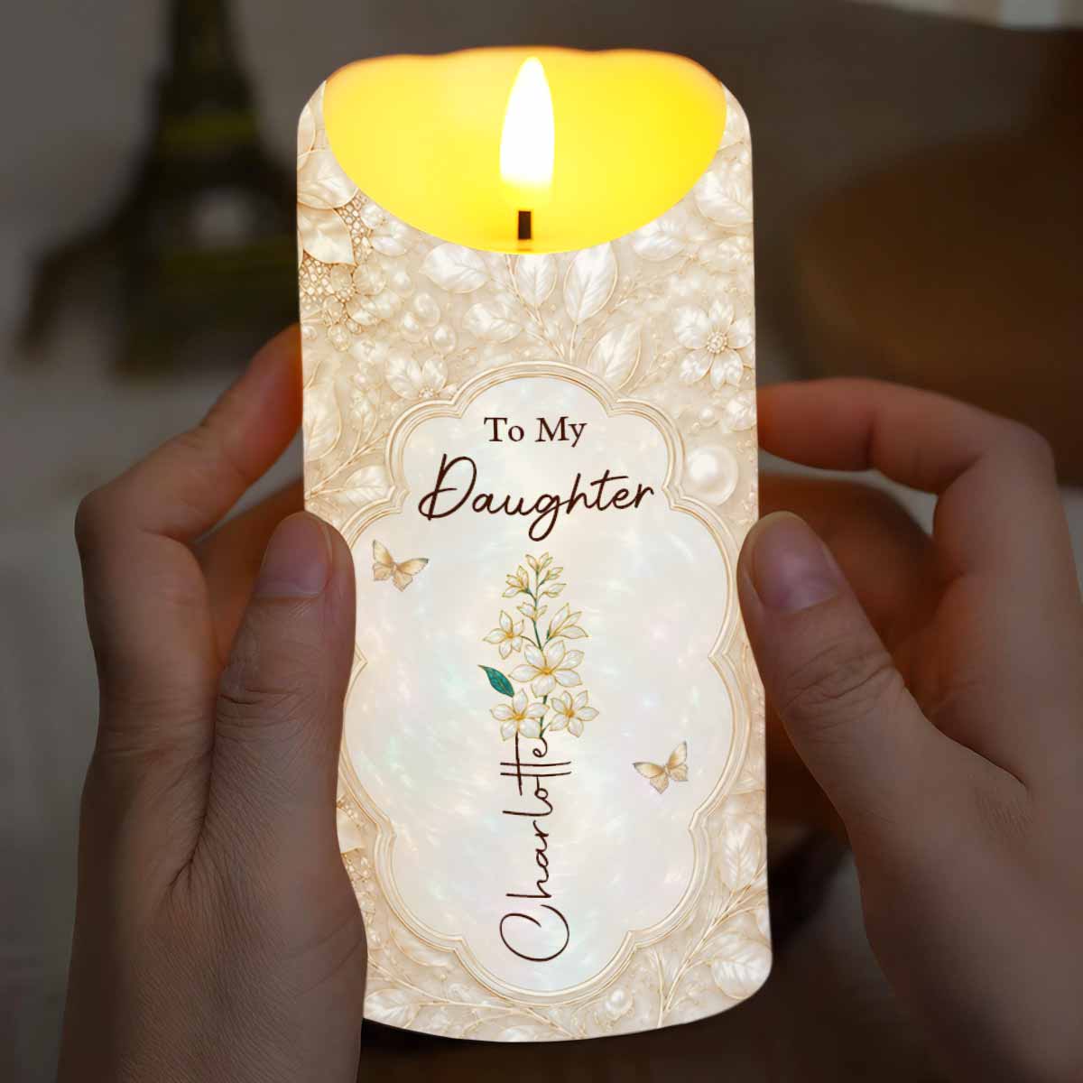 To My Daughter On Our Wedding Day Flower And Butterflies - Personalized Custom LED Candle - DAU424_LECA