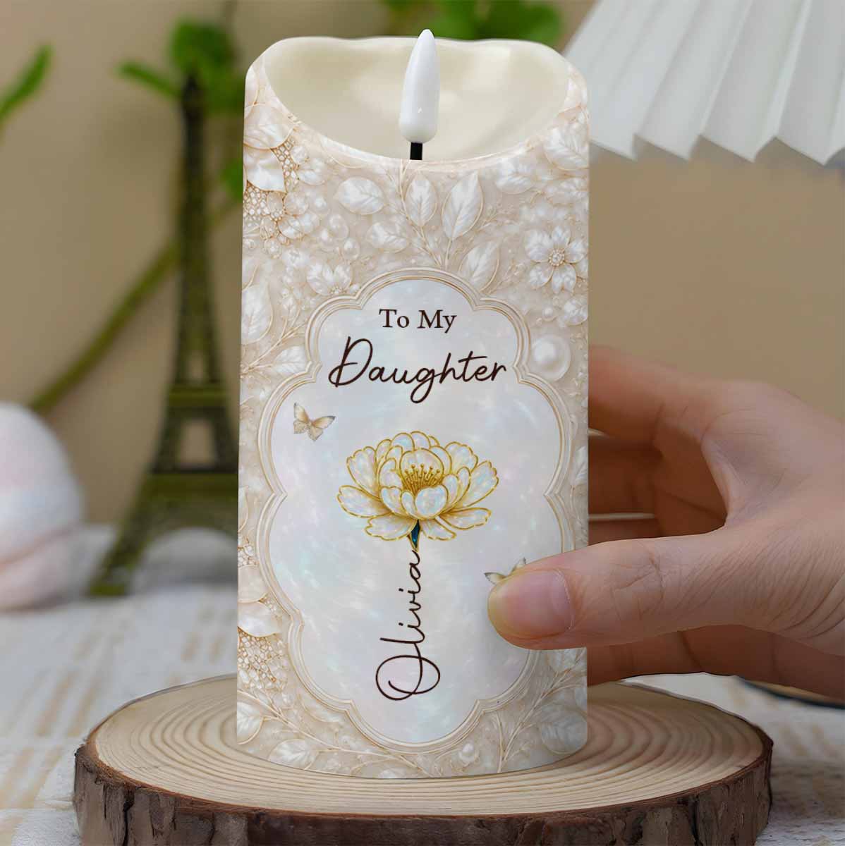 To My Daughter On Our Wedding Day Flower And Butterflies - Personalized Custom LED Candle - DAU424_LECA
