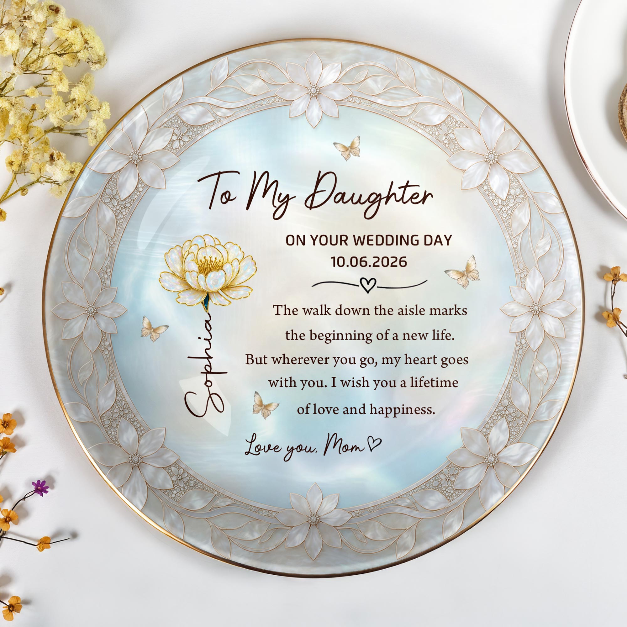 To My Daughter On The Wedding Day With Birth Month Flowers - Personalized Custom Jewelry Dish, Ceramic Dish, Round Shape - DAU424_RCRF