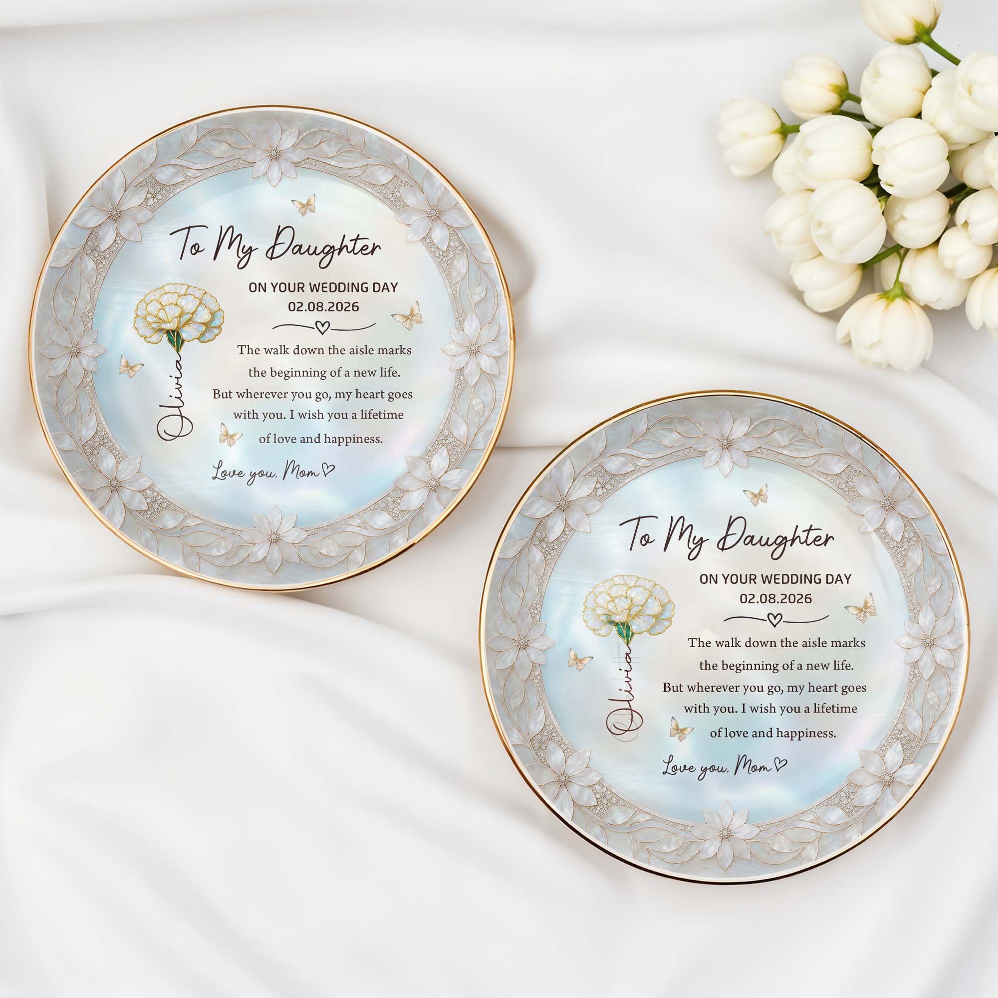To My Daughter On The Wedding Day With Birth Month Flowers - Personalized Custom Jewelry Dish, Ceramic Dish, Round Shape - DAU424_RCRF